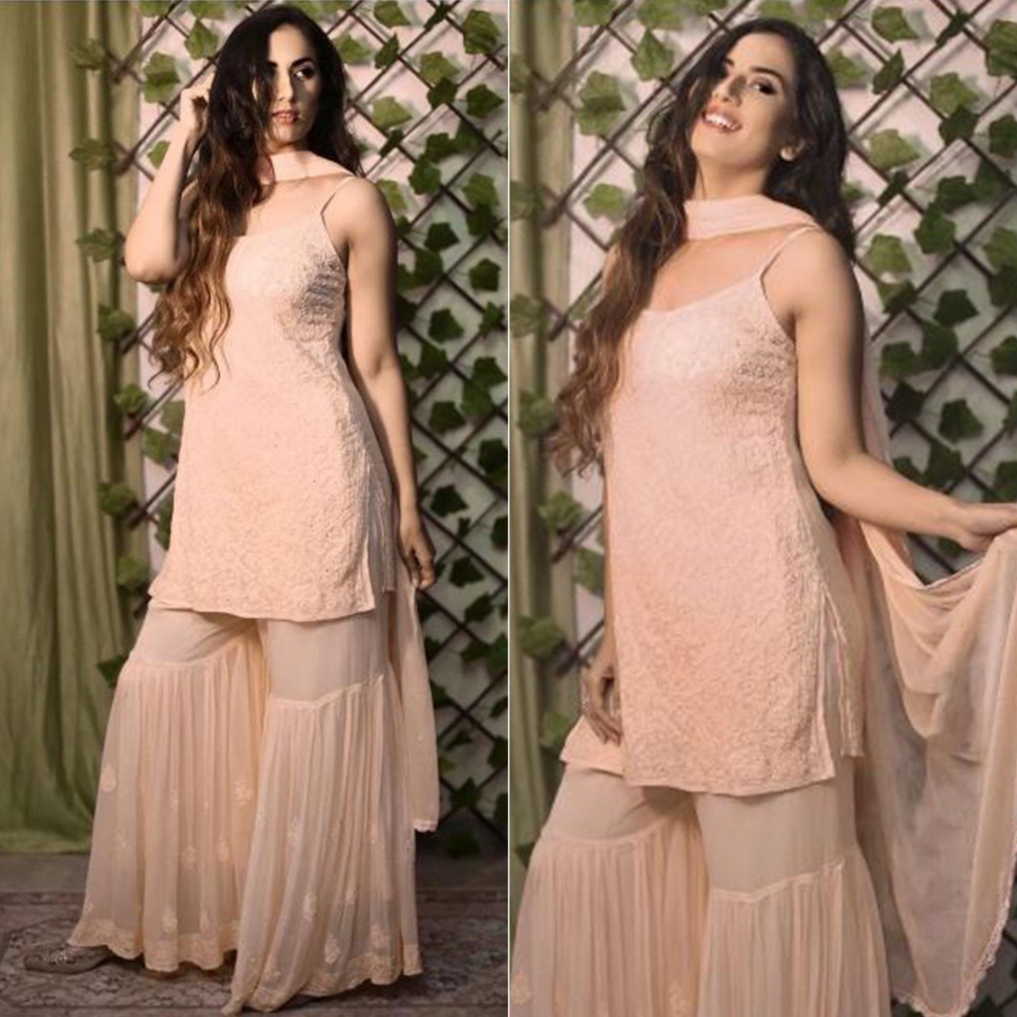 Peachmode Seller Light Peach Lucknowi Embroidered Georgette Sharara Suit