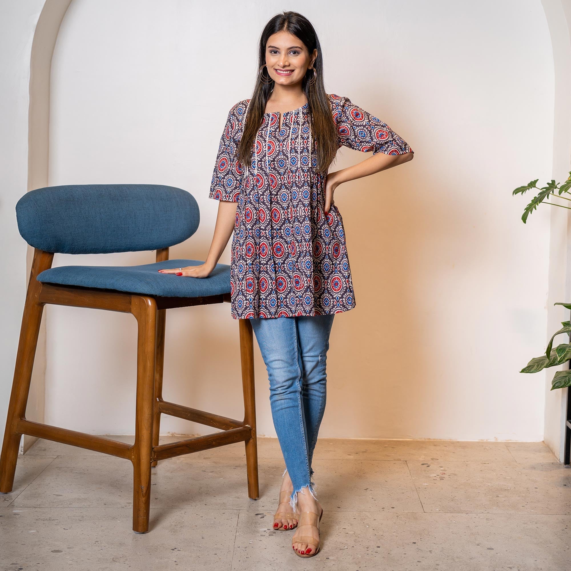 Peachmode Seller Brown Printed Pure Cotton Top - view 2
