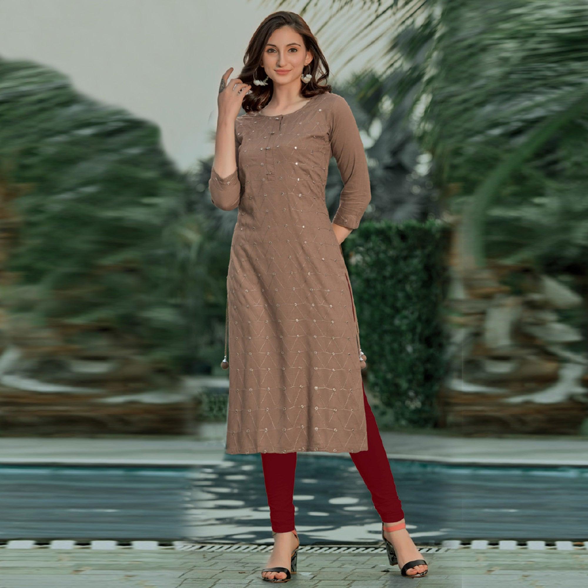 Peachmode Seller Brown Embellished With Embroidered Cotton Kurti - view 2