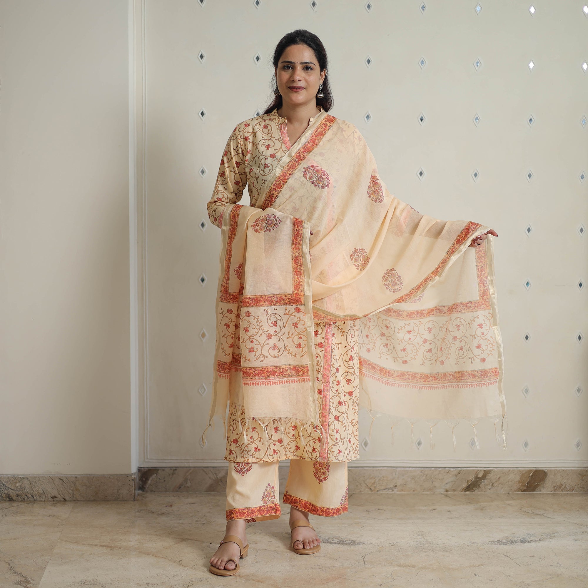 ITOKRI CASUALS Beige - Sanganeri Block Print Cotton Kurta Suit Set 05