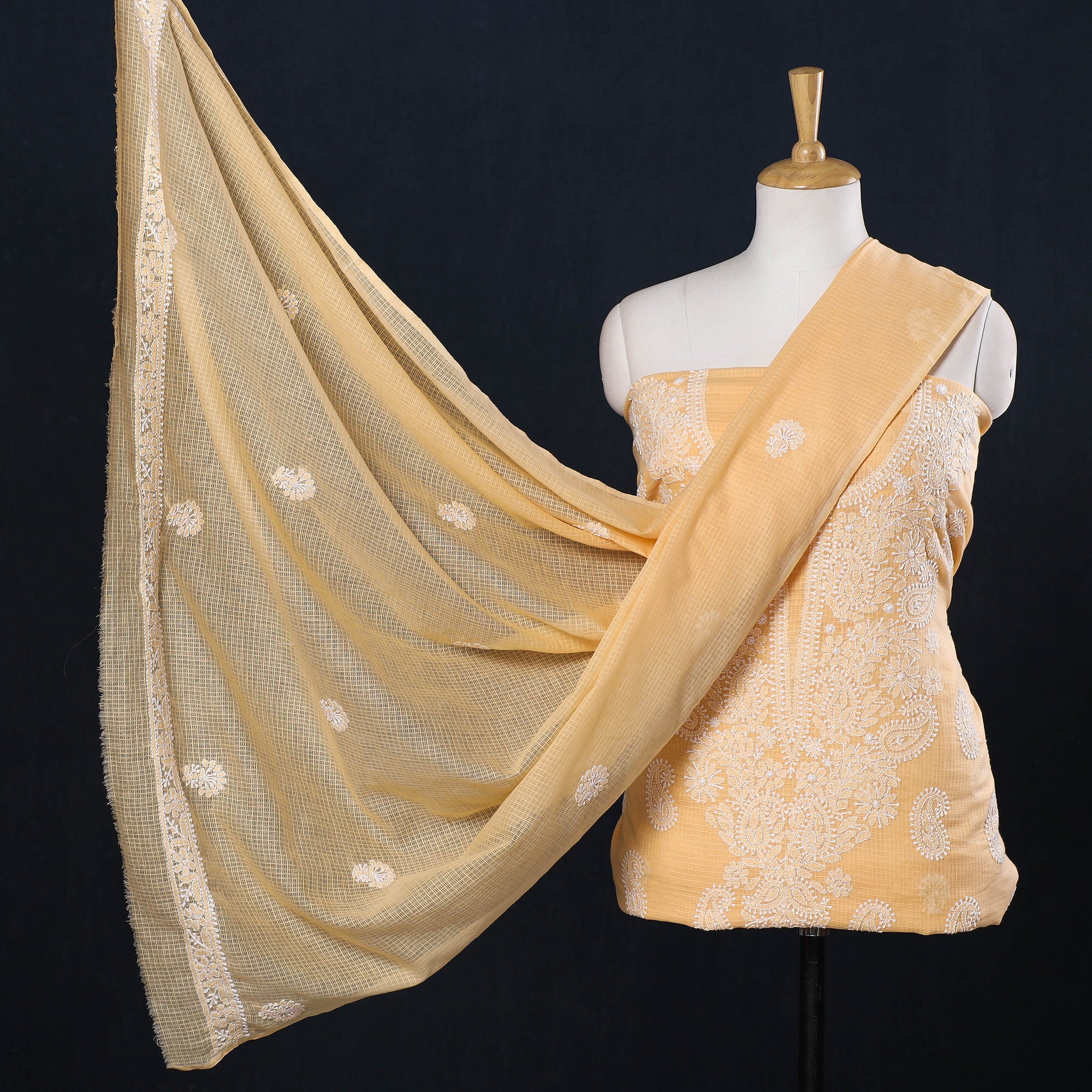 MEHARKI CHIKAN Beige - 2pc Hand Embroidery Kota Doria Chikankari Dress Material