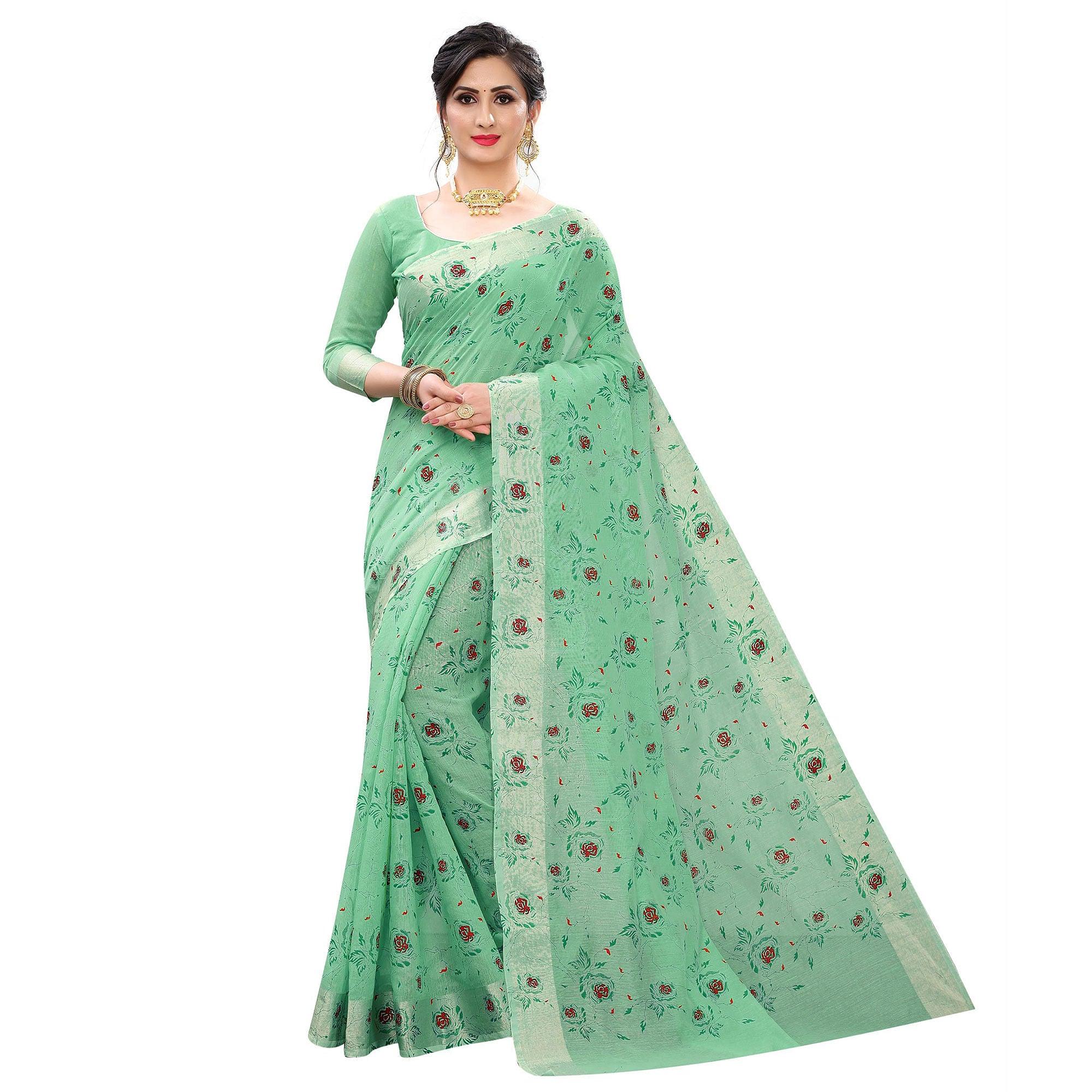Peachmode Energetic Rama Colored Casual Wear Printed Cotton Linen Saree