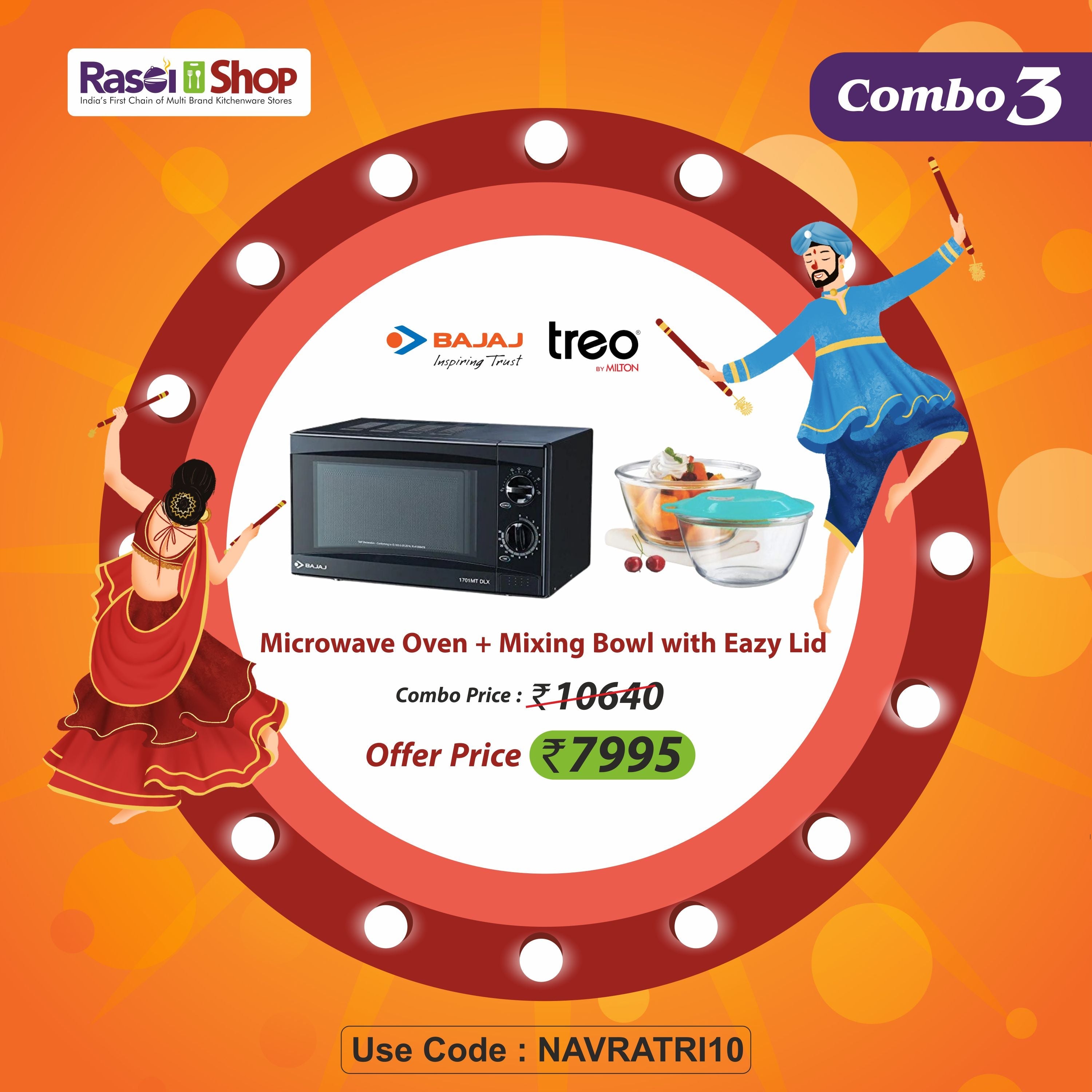 Navratri combo 3 – RasoiShop NAVRATRI COMBO #3 -Bajaj DLX Microwave Oven + Treo Mixing Bowl With Eazy Lid Set Of 3