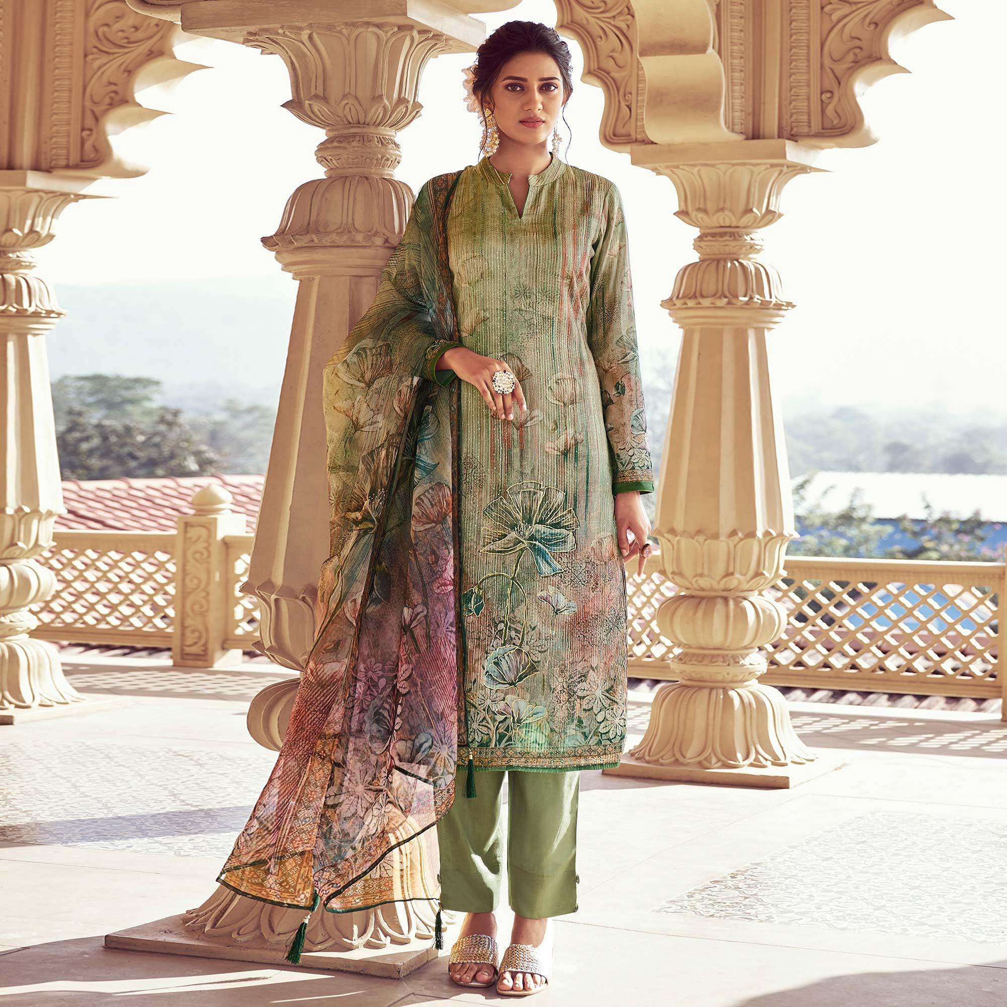 Green trousers – BlackTree green-floral-print-with-sequence-embroidered-royal-chinon-partywear-suit-134101