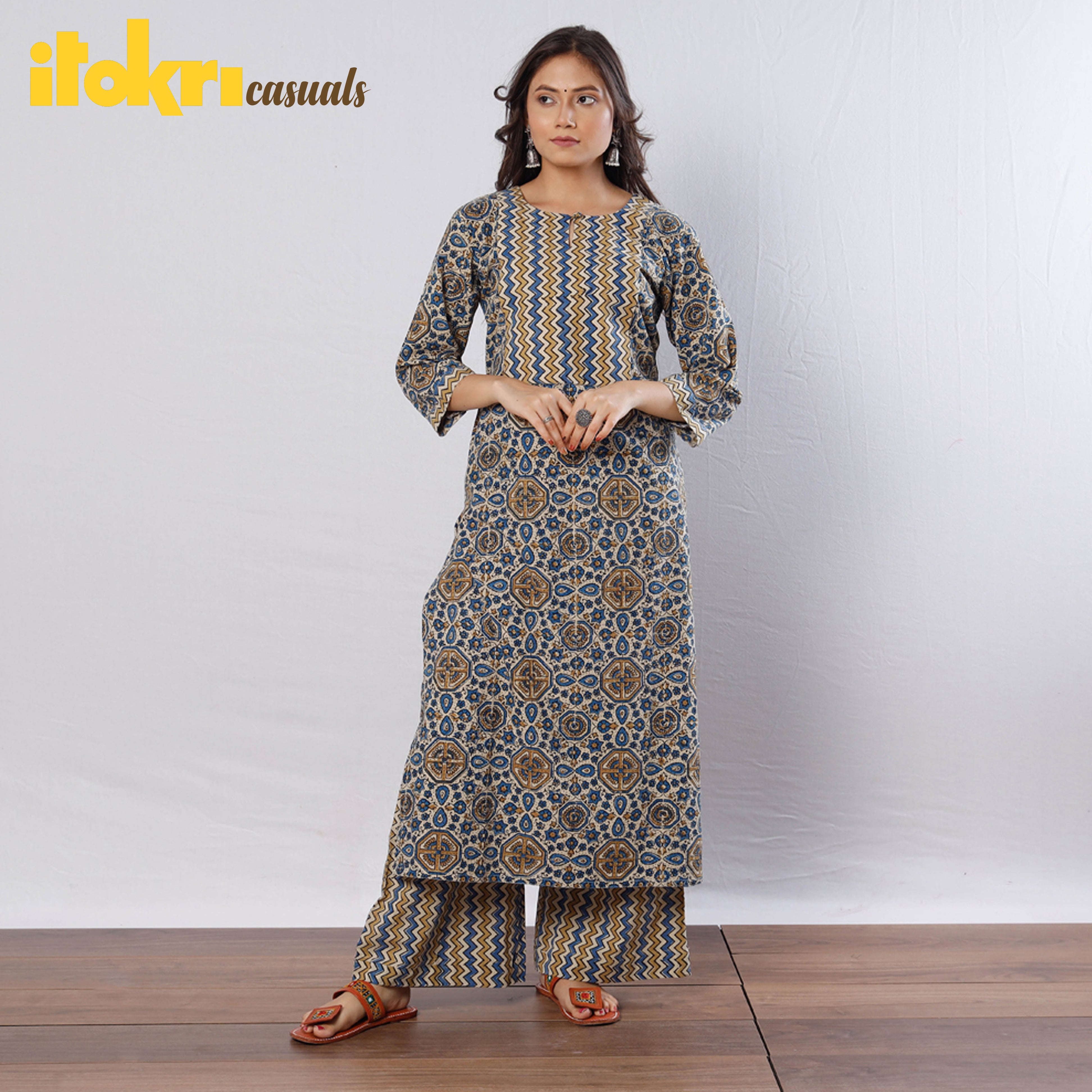 ITOKRI CASUALS Beige - Cream Blue Zig Zag Ajrakh Block Printed Kurta with Palazzo Set