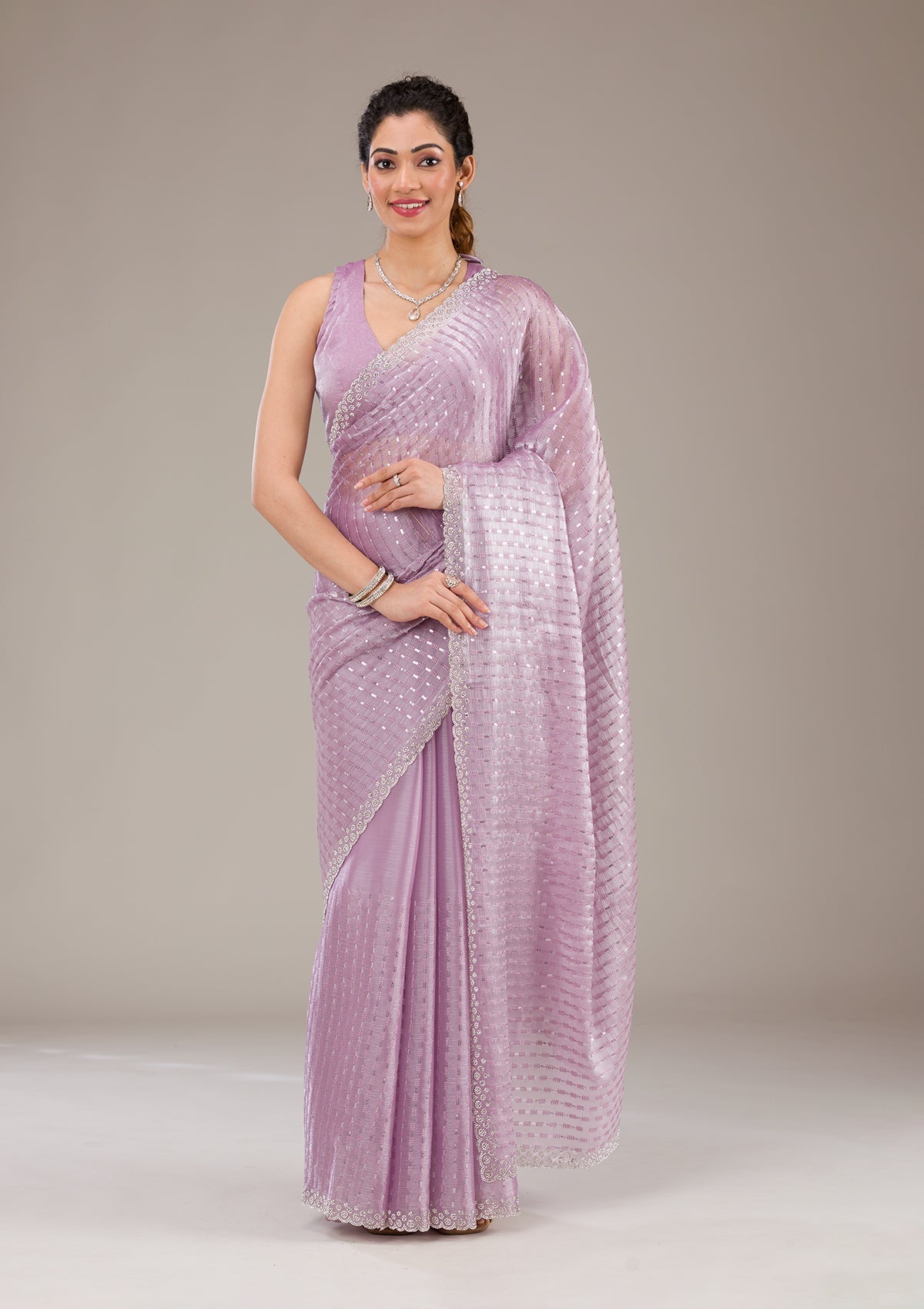 Koskii Lavender Stonework Georgette Saree – Women's