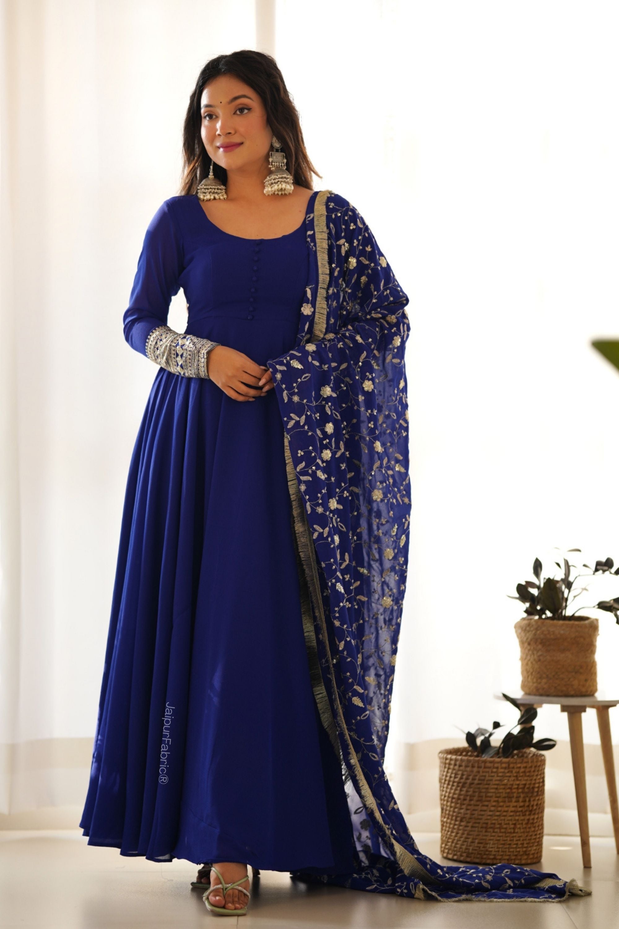 JaipurFabric® Embroidered Sleeve Georgette Abaya Style Suit in Royal Blue