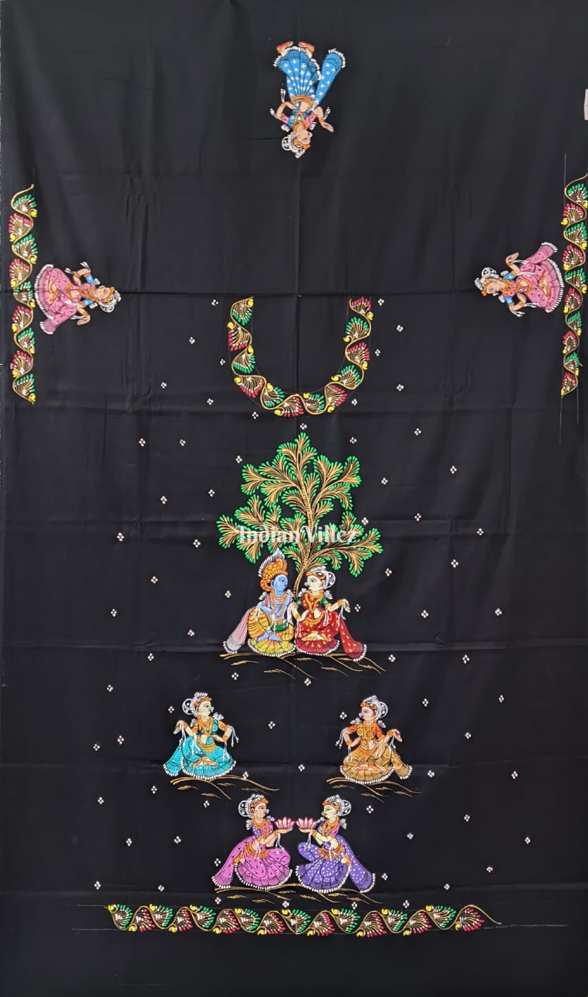 IndianVillèz Black Radha Krisha Pattachitra Kurti Cotton Dress Material (Pre Oeder)