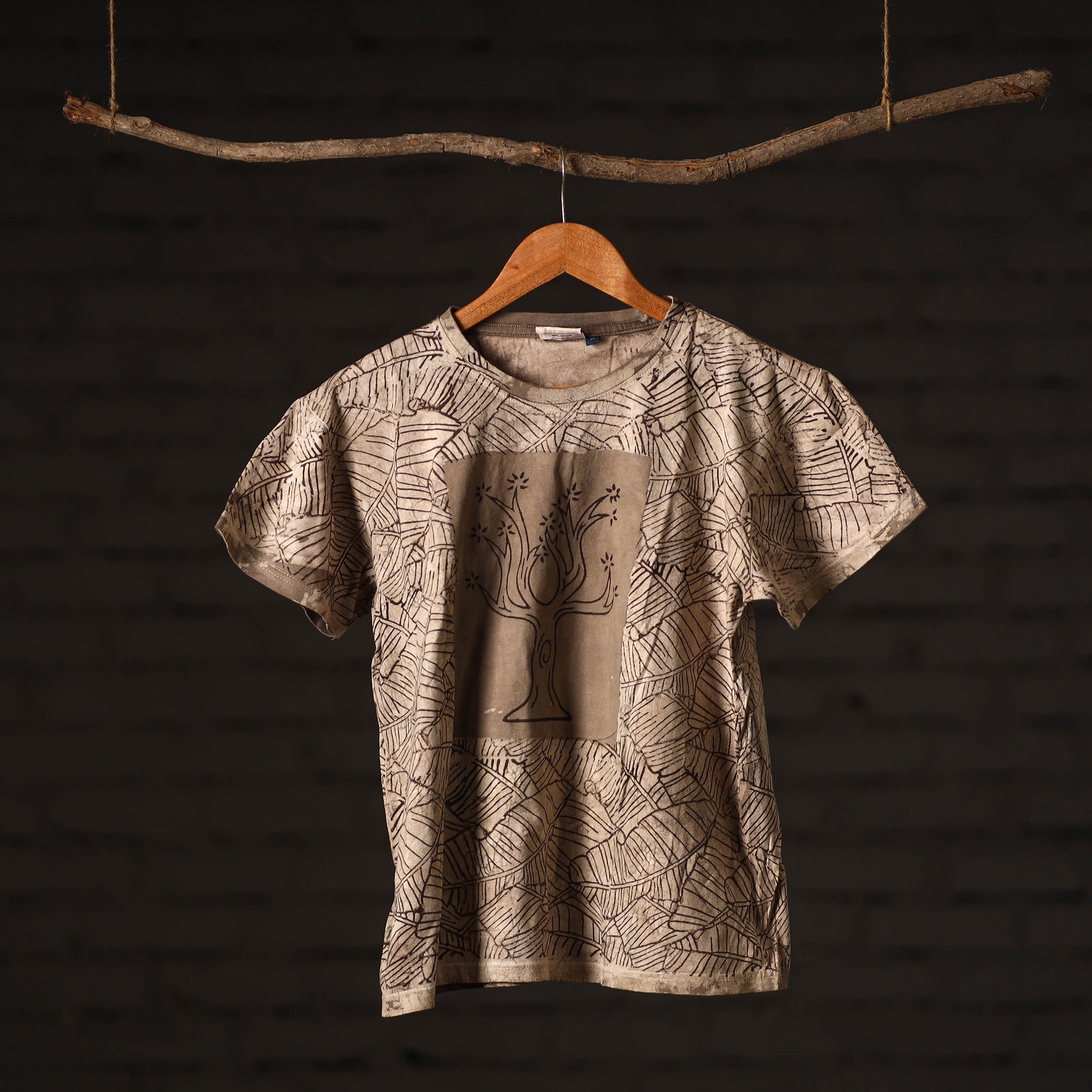 BINDAAS UNLIMITED Beige - Brown - Bindaas Natural Dyed Art Block Print Round Neck T-shirt in Pure Cotton