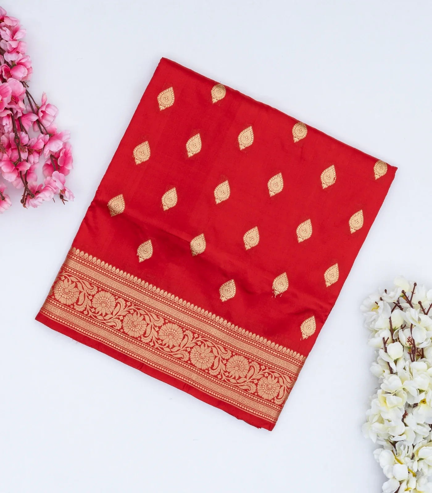 RmKV Red Banarasi Silk Saree With Floral Buttas