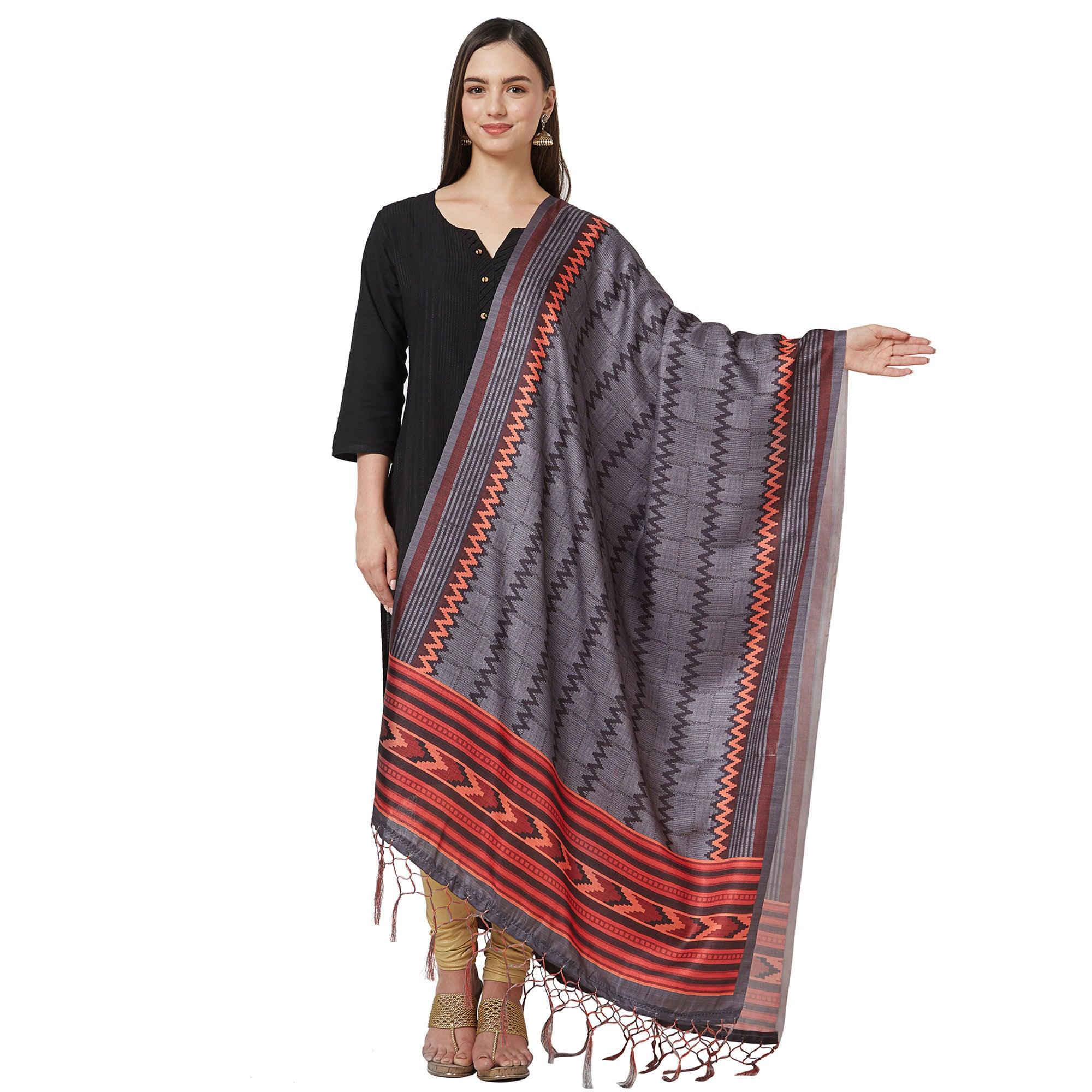 Peachmode Seller Exceptional Gray Colored Casual Printed Pashmina Silk Dupatta