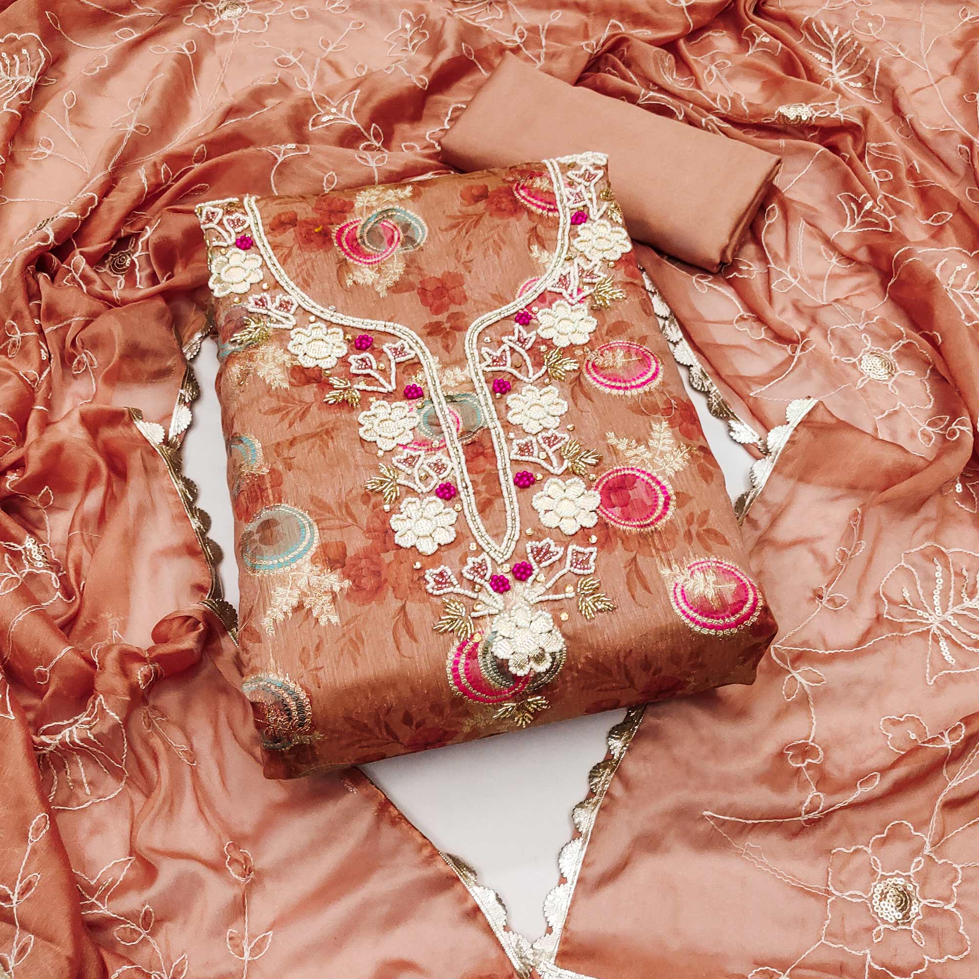 Peachmode Dark Peach Woven Chanderi Silk Dress Material
