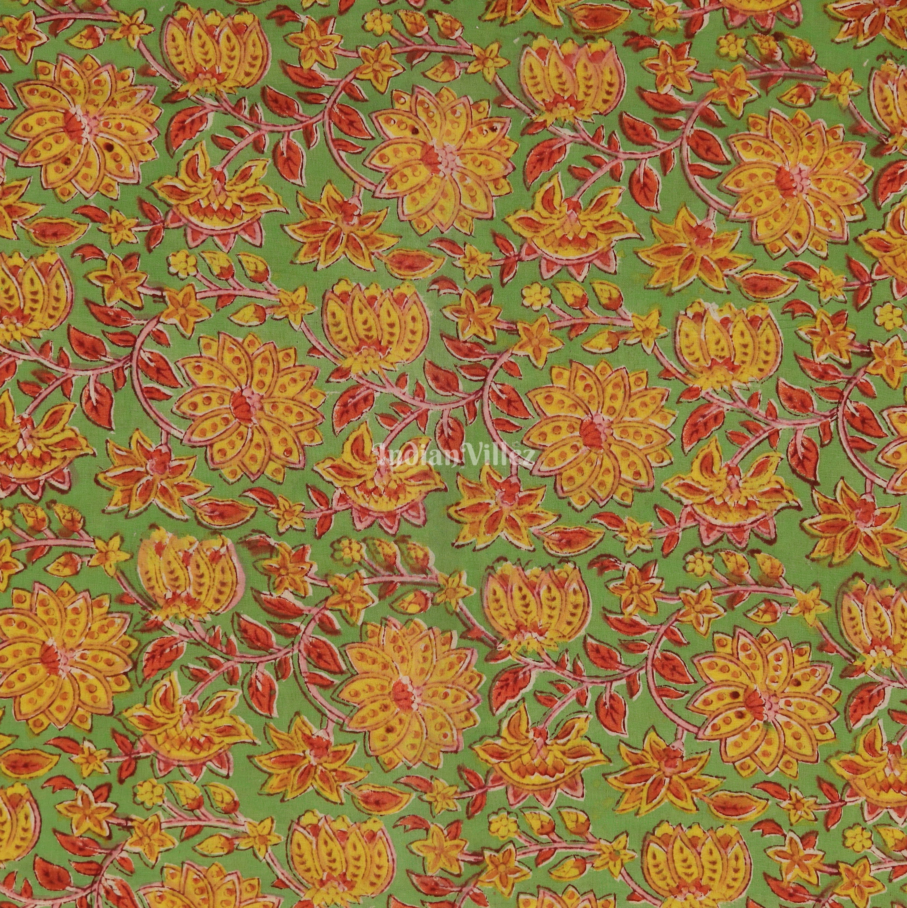 IndianVillèz Yellow Green Floral Hand Block Printed Cotton Fabric - view 2