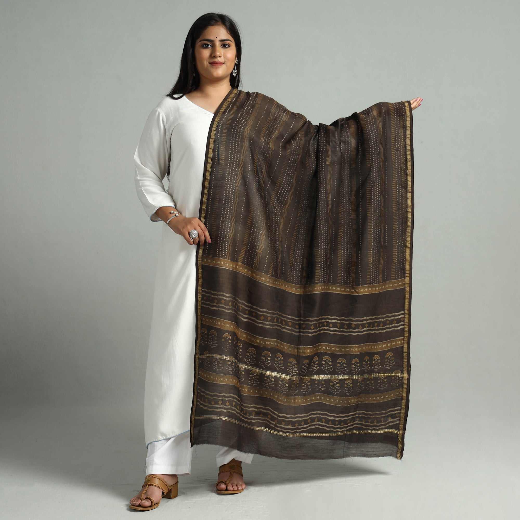 HAVELI CHRONICLES Brown - Akola Dabu Block Printed Handloom Chanderi Silk Dupatta with Zari Border 13