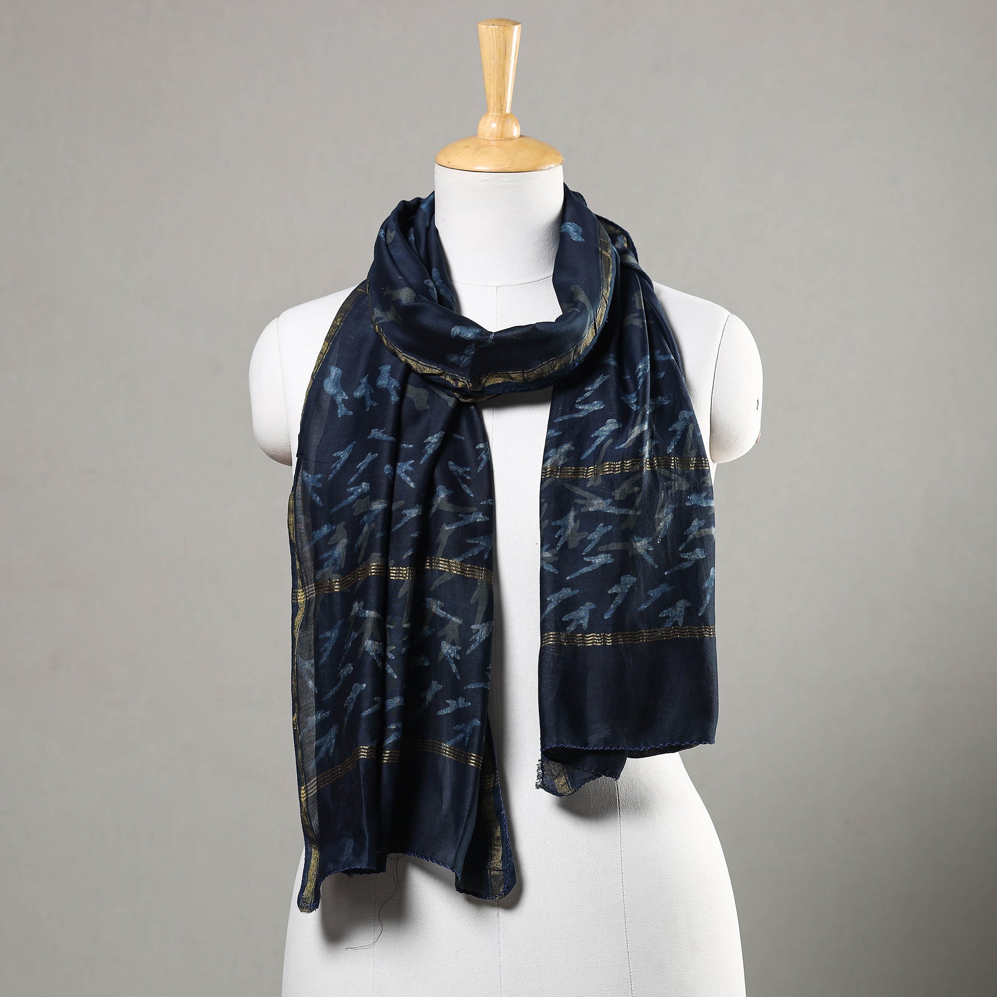HAVELI CHRONICLES Blue - Akola Block Printed Chanderi Silk Handloom Stole with Zari Border