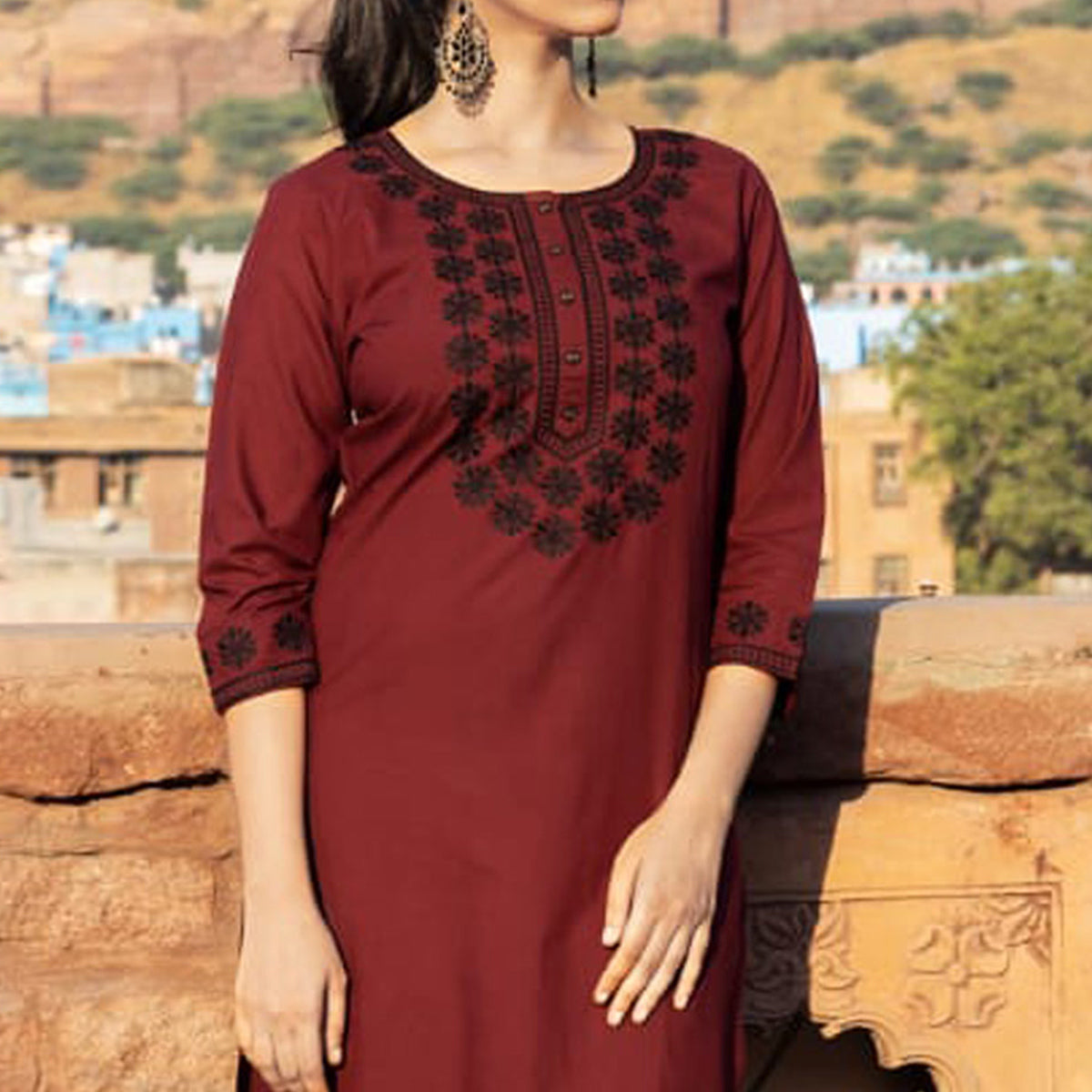 Peachmode Seller Maroon Embroidered Cotton Silk Kurti - view 2