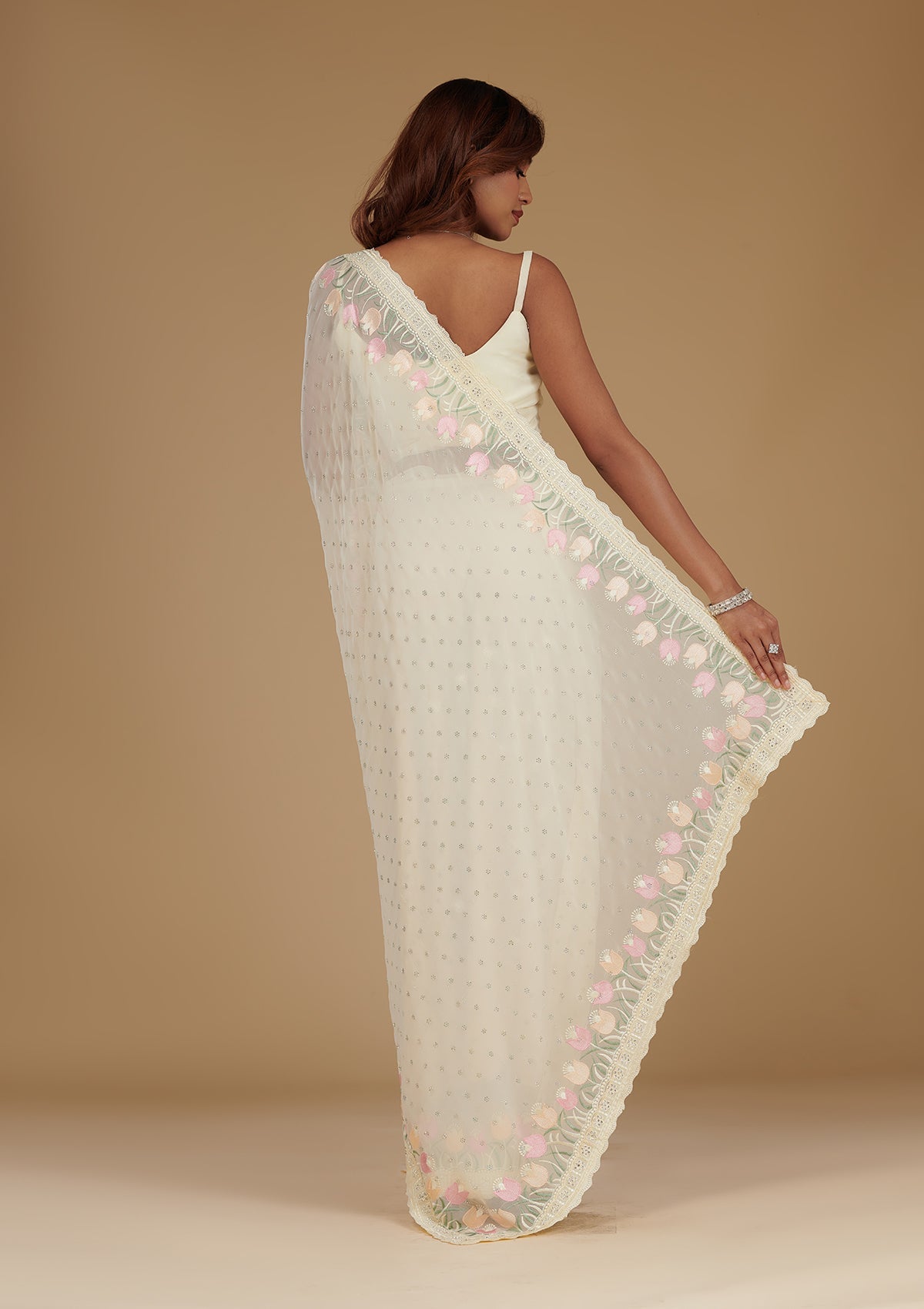 Koskii Cream Sequins Georgette Saree – Women's - view 2