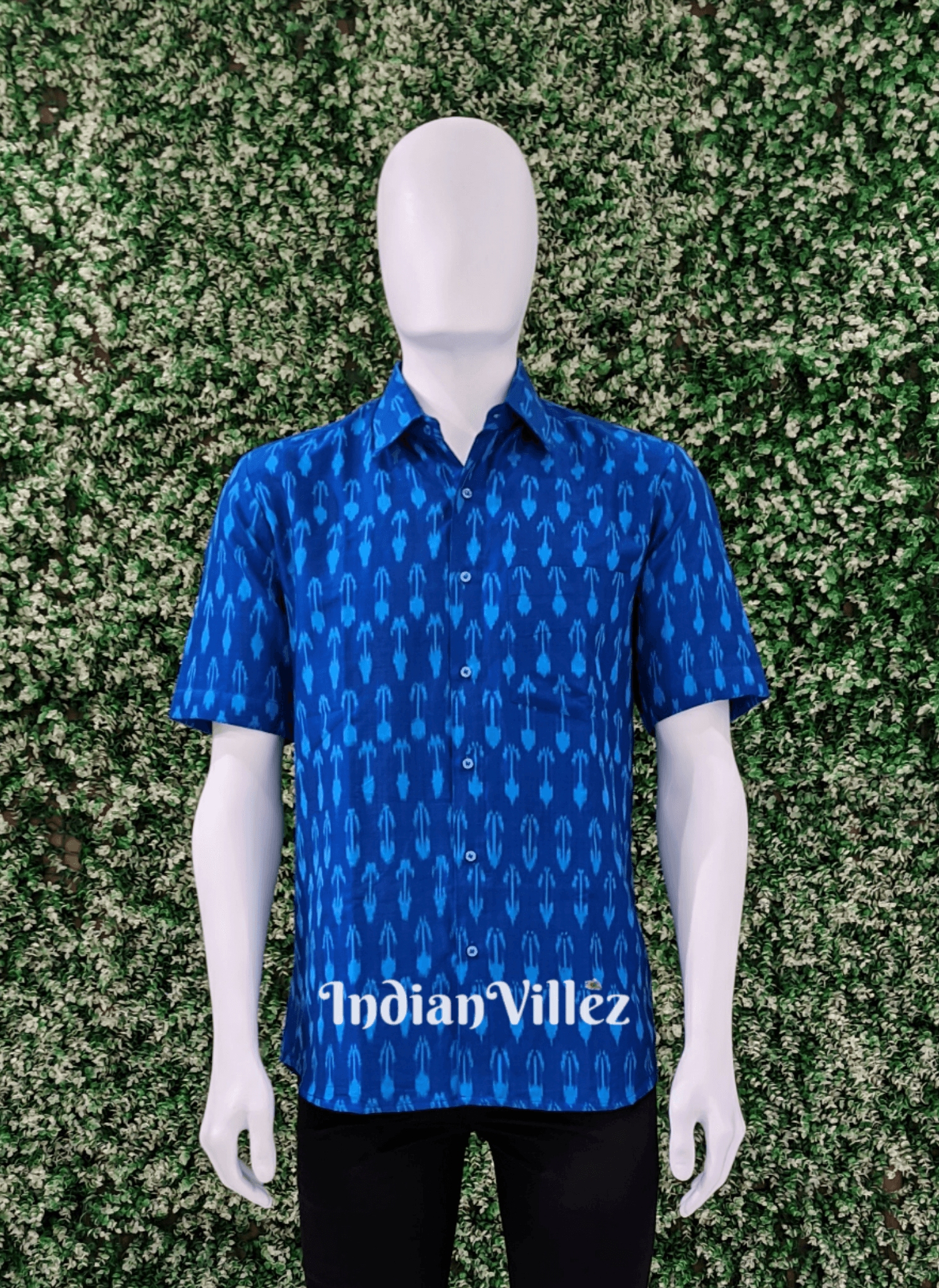 IndianVillèz Blue Cotton Ikat Half Sleeve Shirt for Men