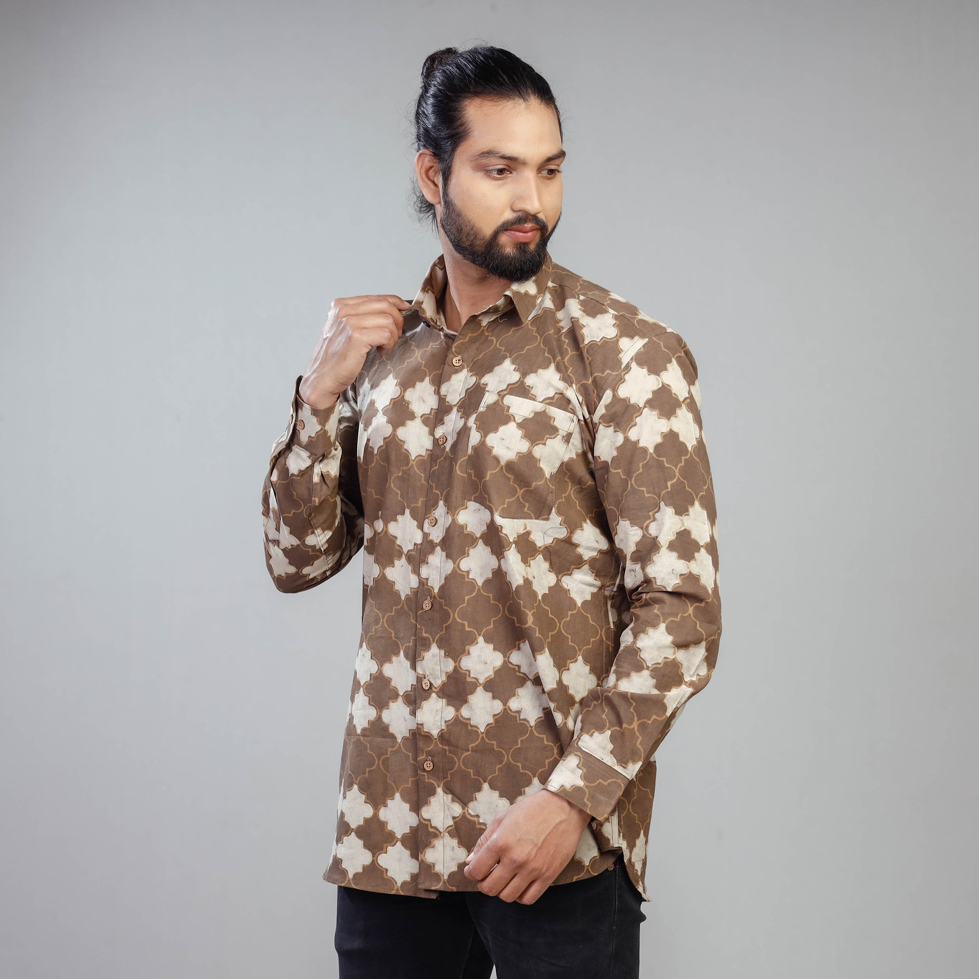 ITOKRI CASUALS Brown - Akola Block Printing Cotton Men Full Sleeve Shirt - view 4