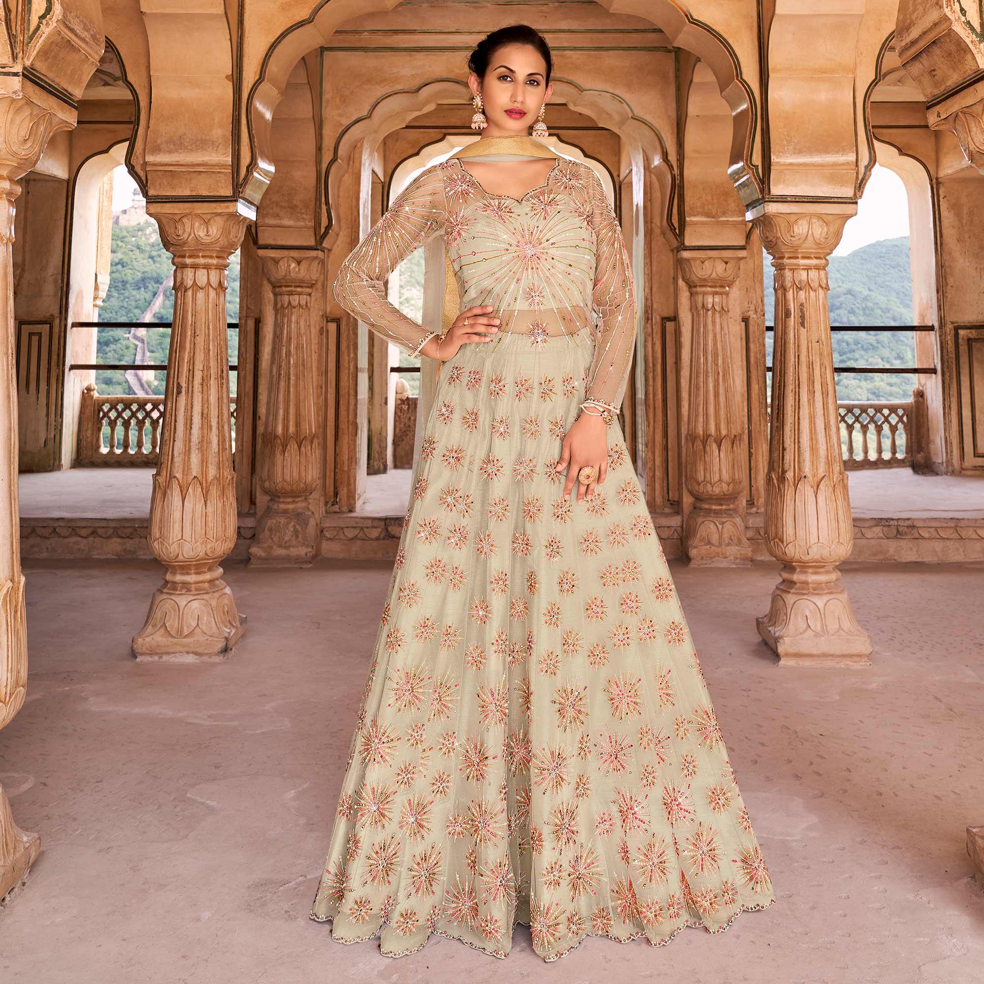 Peachmode Light Grey Partywear Embroidered & Swarovski Work Soft Net Gown