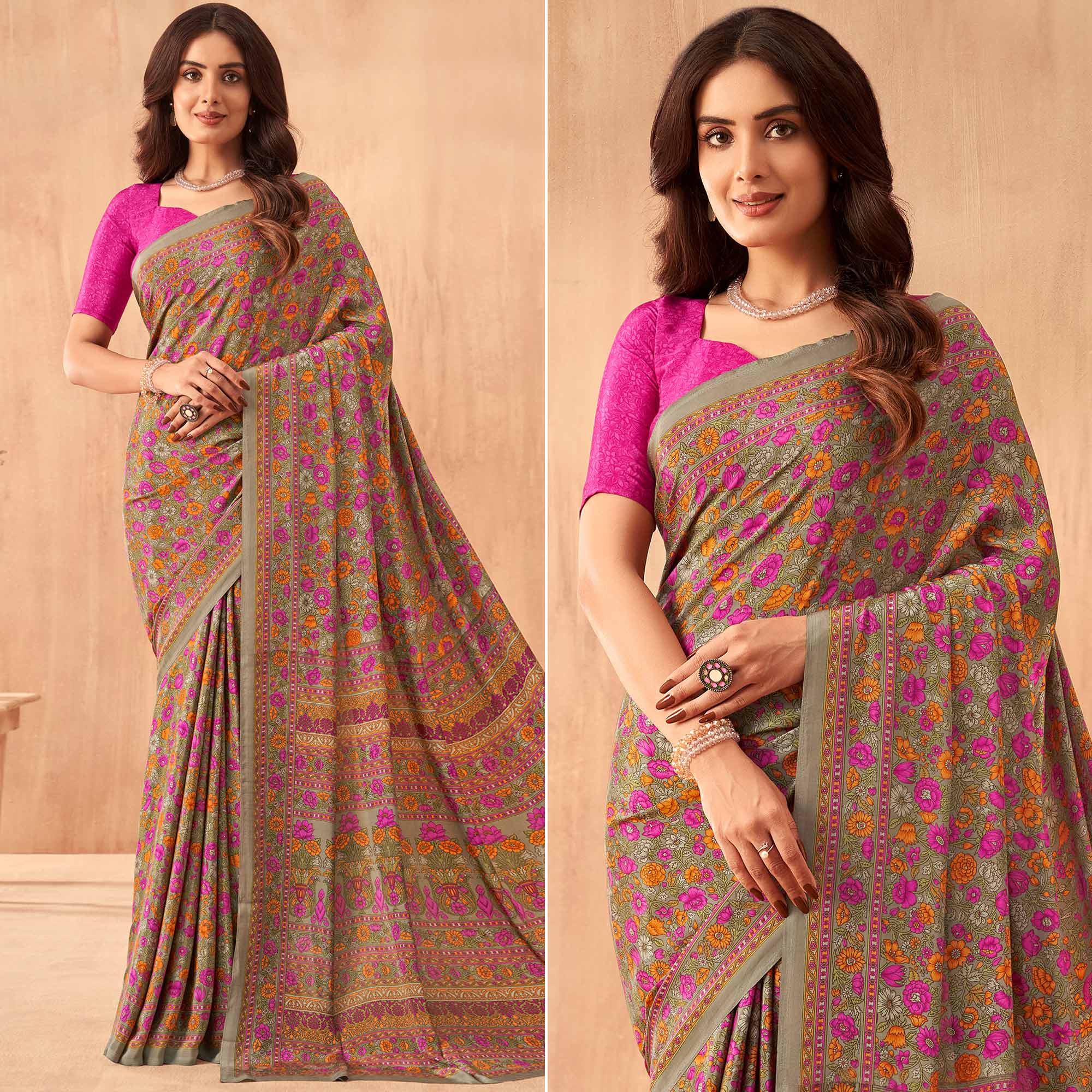 Peachmode Multicolor Floral Printed Crepe Saree