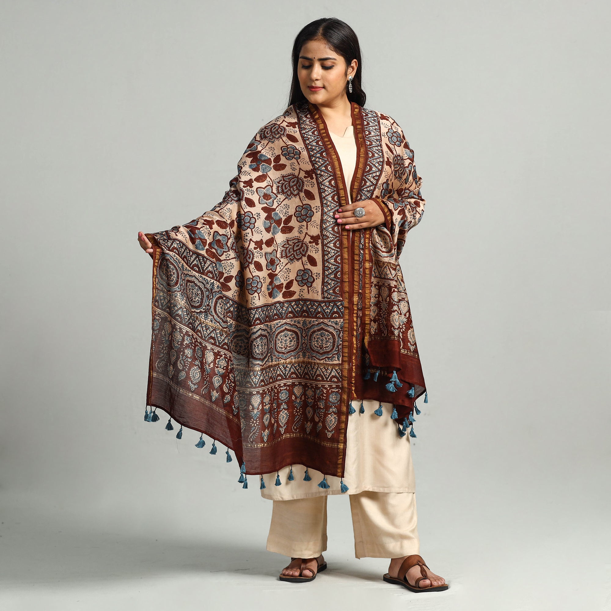 AJRAKH BY SUFIYAN ISMAIL KHATRI Brown - Block Print Chanderi Silk Handloom Ajrakh Dupatta 16 - view 2