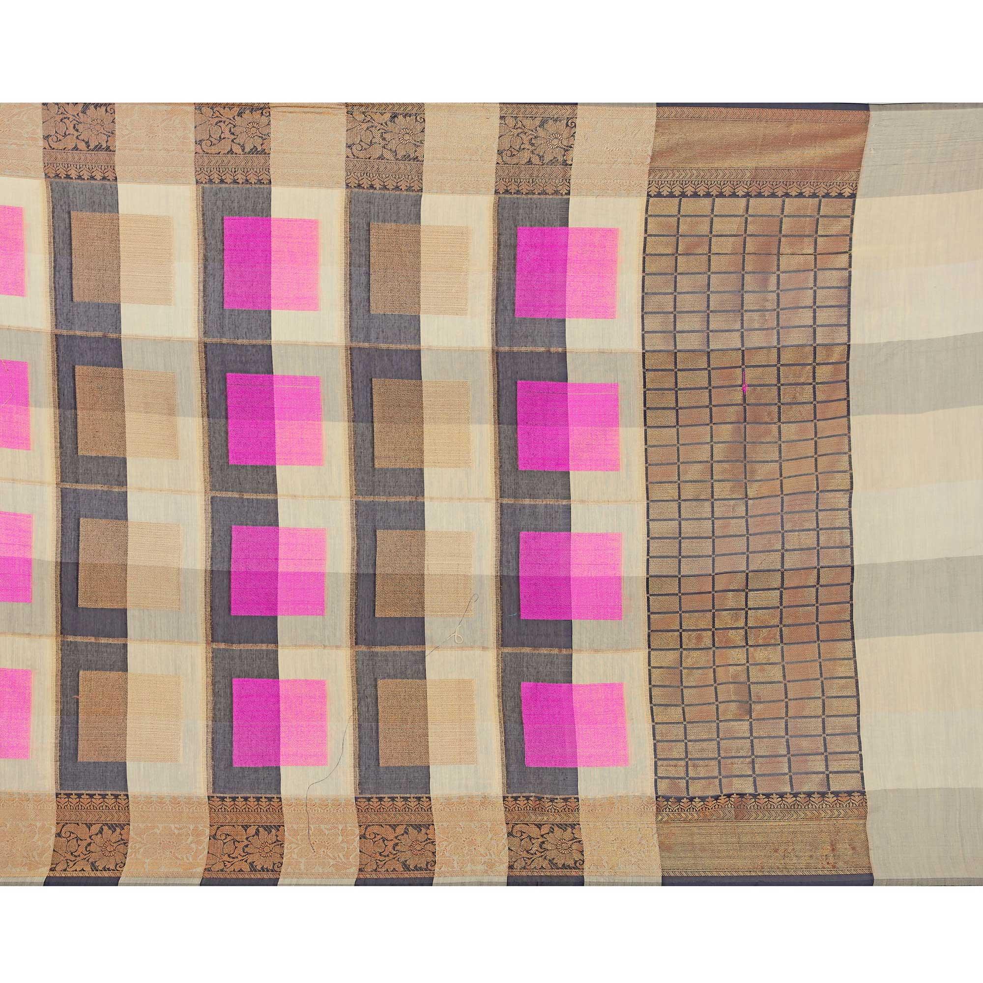 Peachmode Lovely Beige-Pink Colored Casual Printed Pure Cotton Jacquard Saree - view 2