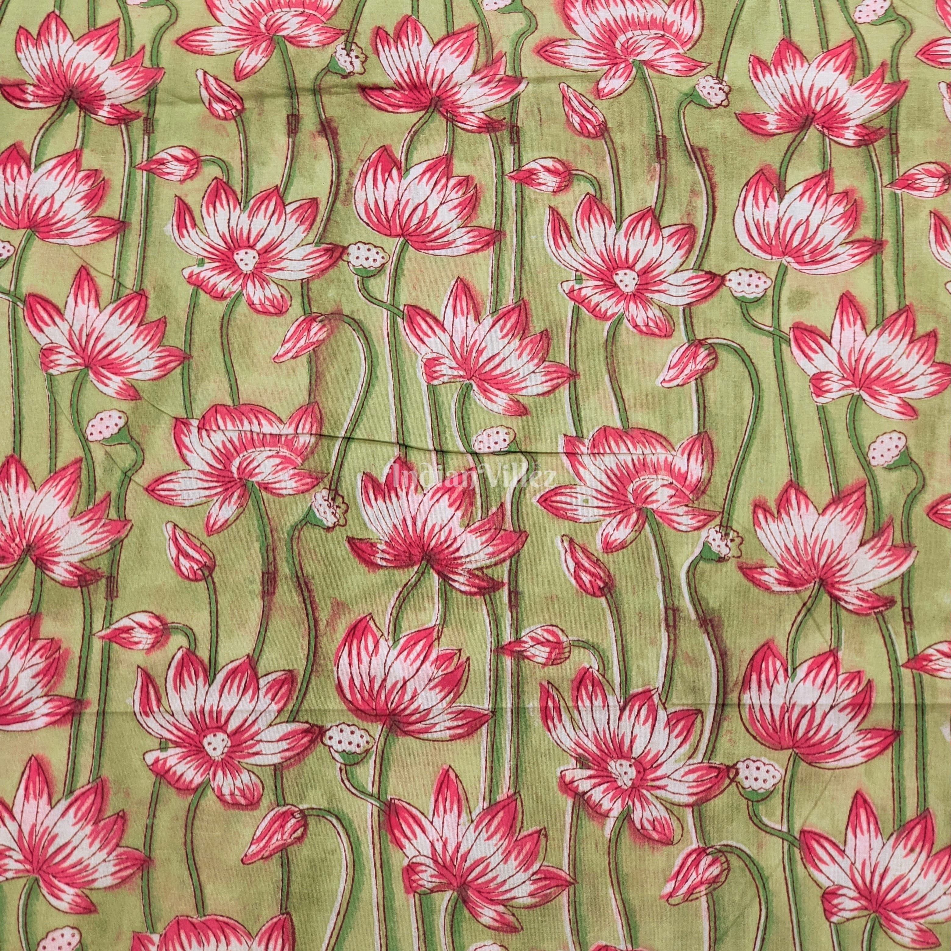 IndianVillèz Green Red Lotus Hand Block Printed Cotton Fabric - view 2