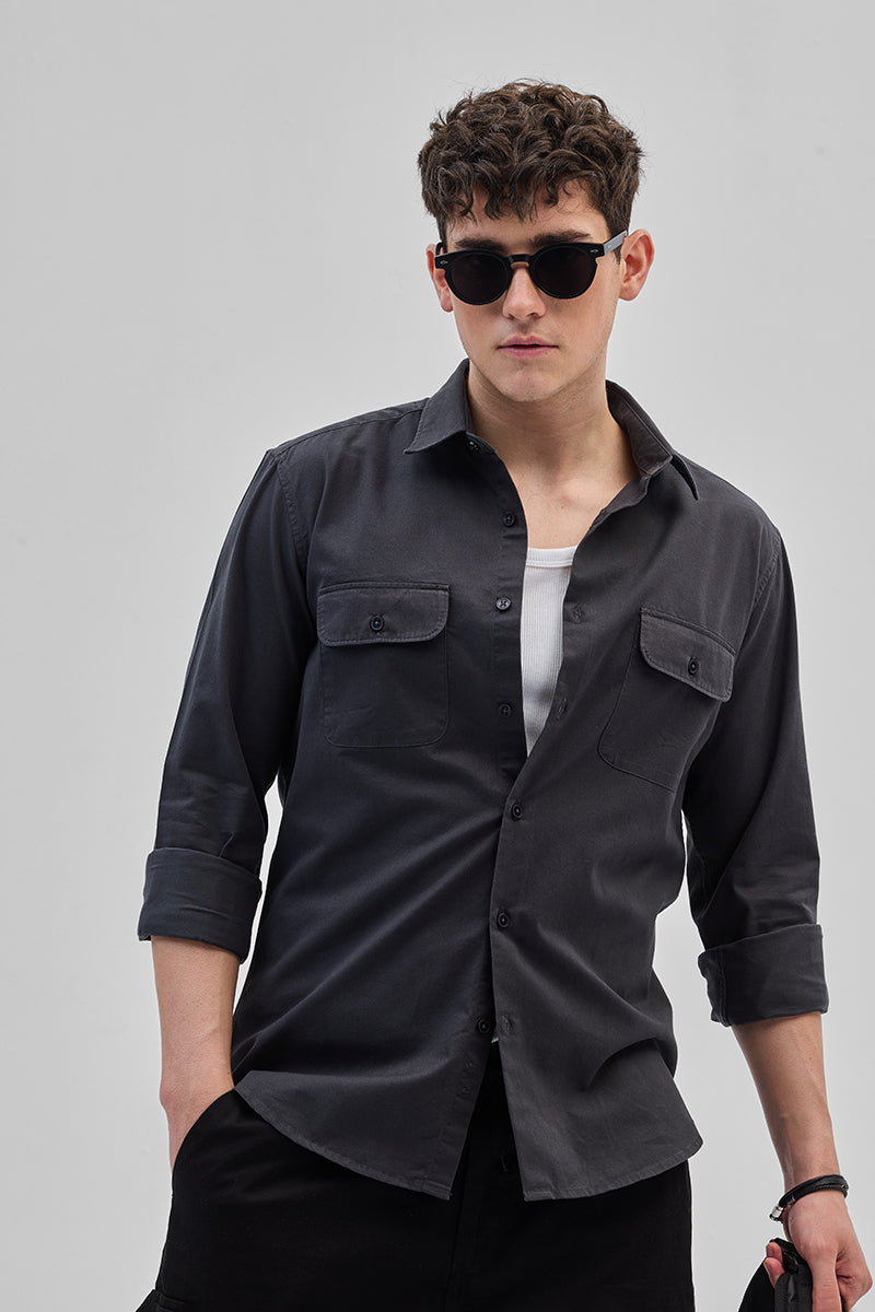SNITCH Charcoal Grey Solid Double Pocket Overshirt