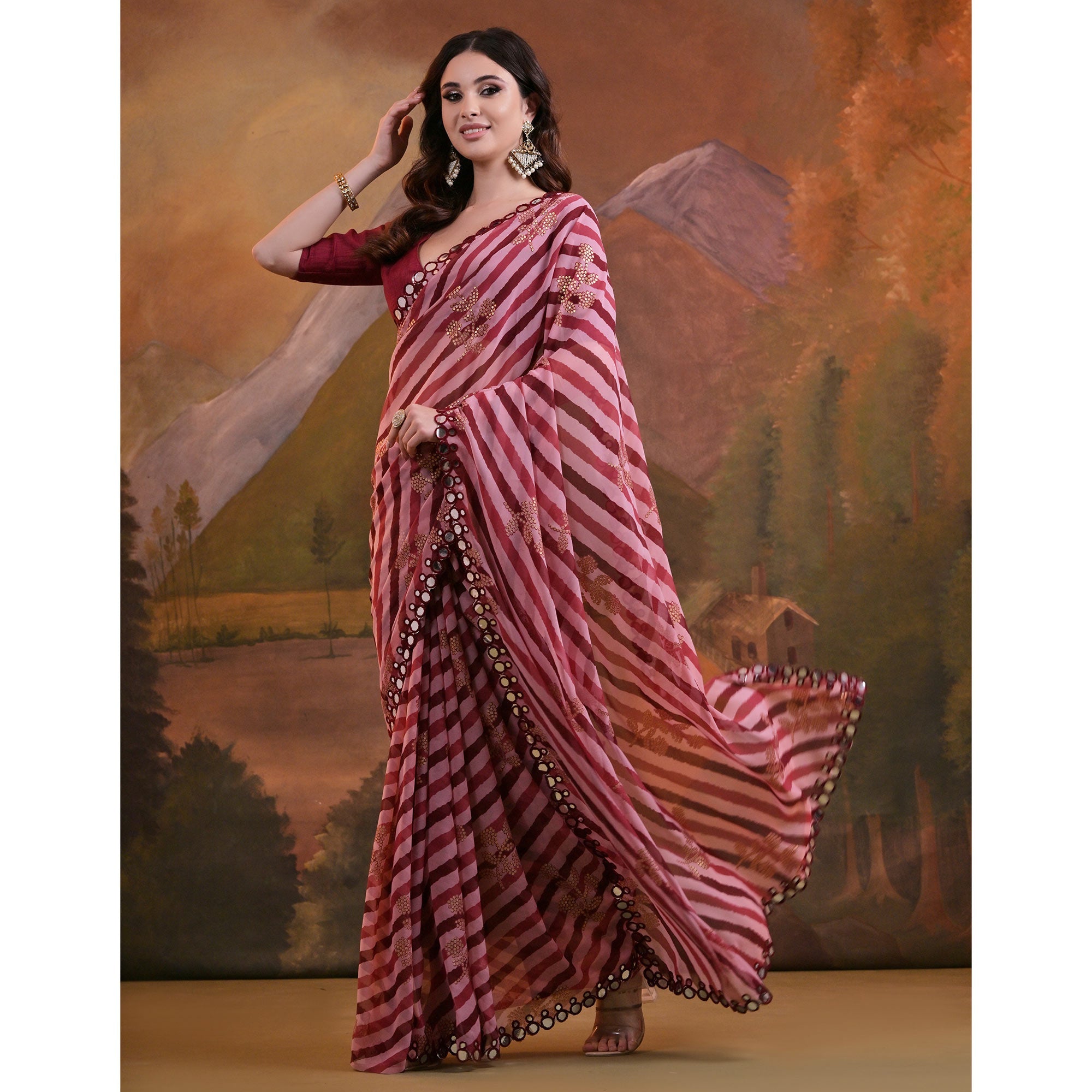 Peachmode Maroon Leheriya With Floral Foil Printed Georgette Saree - view 4