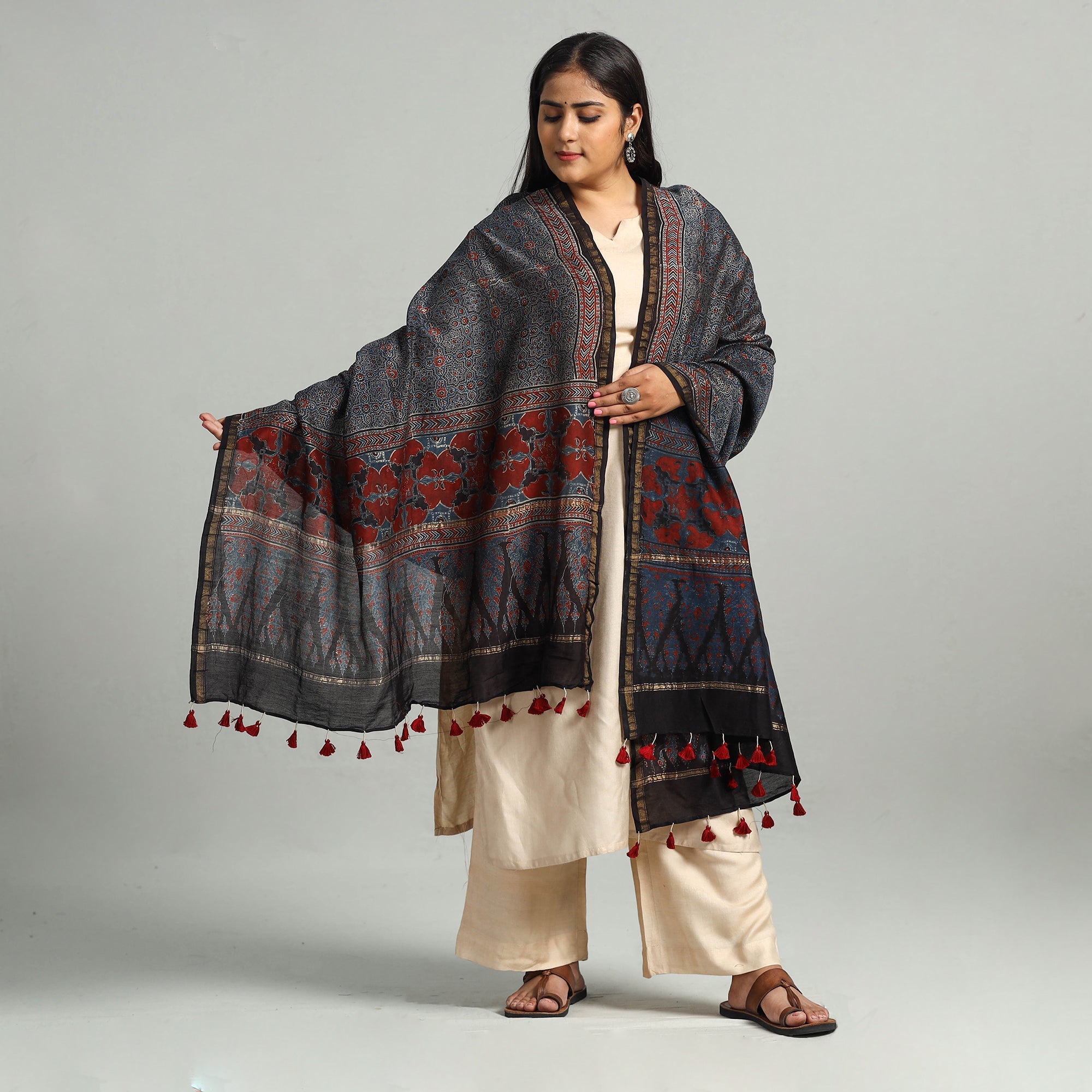 AJRAKH BY SUFIYAN ISMAIL KHATRI Blue - Block Print Chanderi Silk Handloom Ajrakh Dupatta 23 - view 2