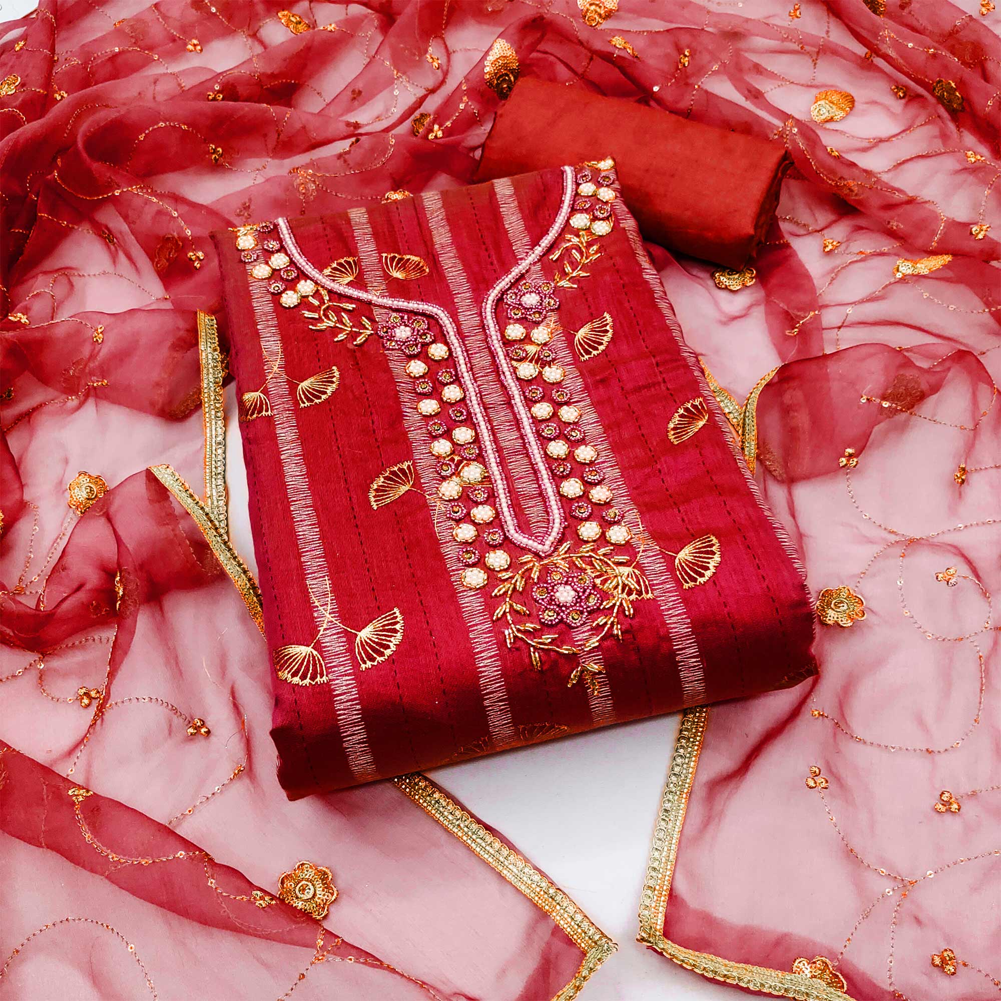 Peachmode Red Floral Foil Printed With Handwork Chanderi Dress Material