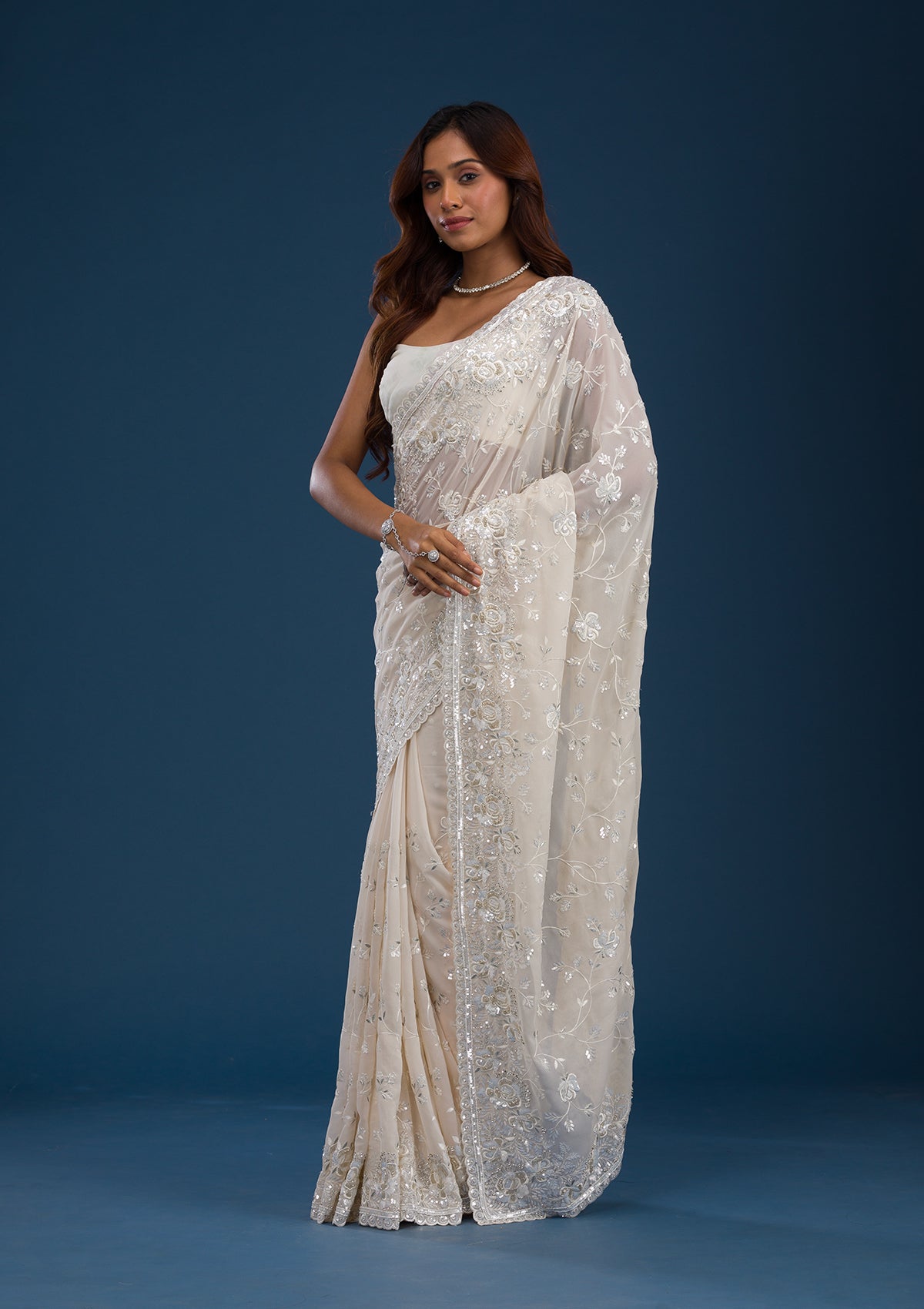 Koskii Off White Sequins Georgette Saree – Women's - view 2