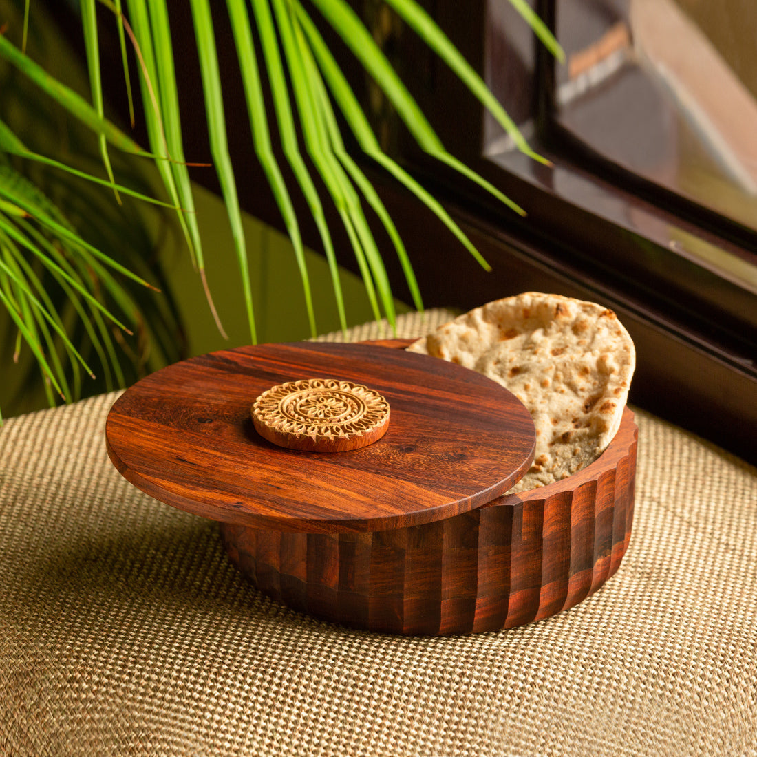 EXCLUSIVELANE 'Floral Block' Hand Carved Salad & Chapati Box In Sheesham Wood