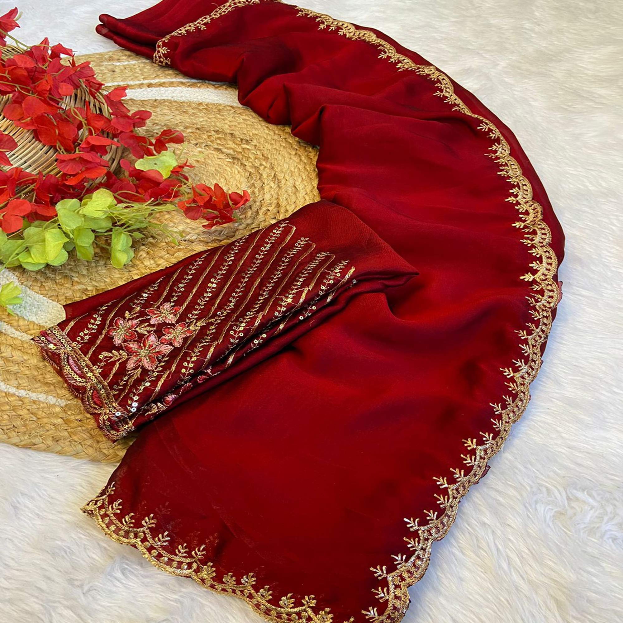 Peachmode Maroon Zari Embroidered Organza Saree