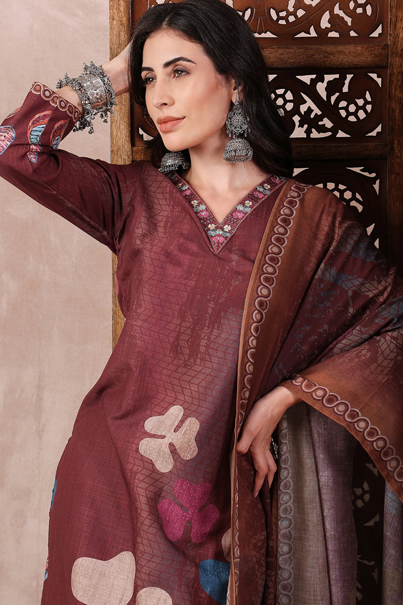 Ahika Brown Rayon Blend Floral Printed Straight Trouser Bottom Suit Set PKSKD2552BRN - view 3