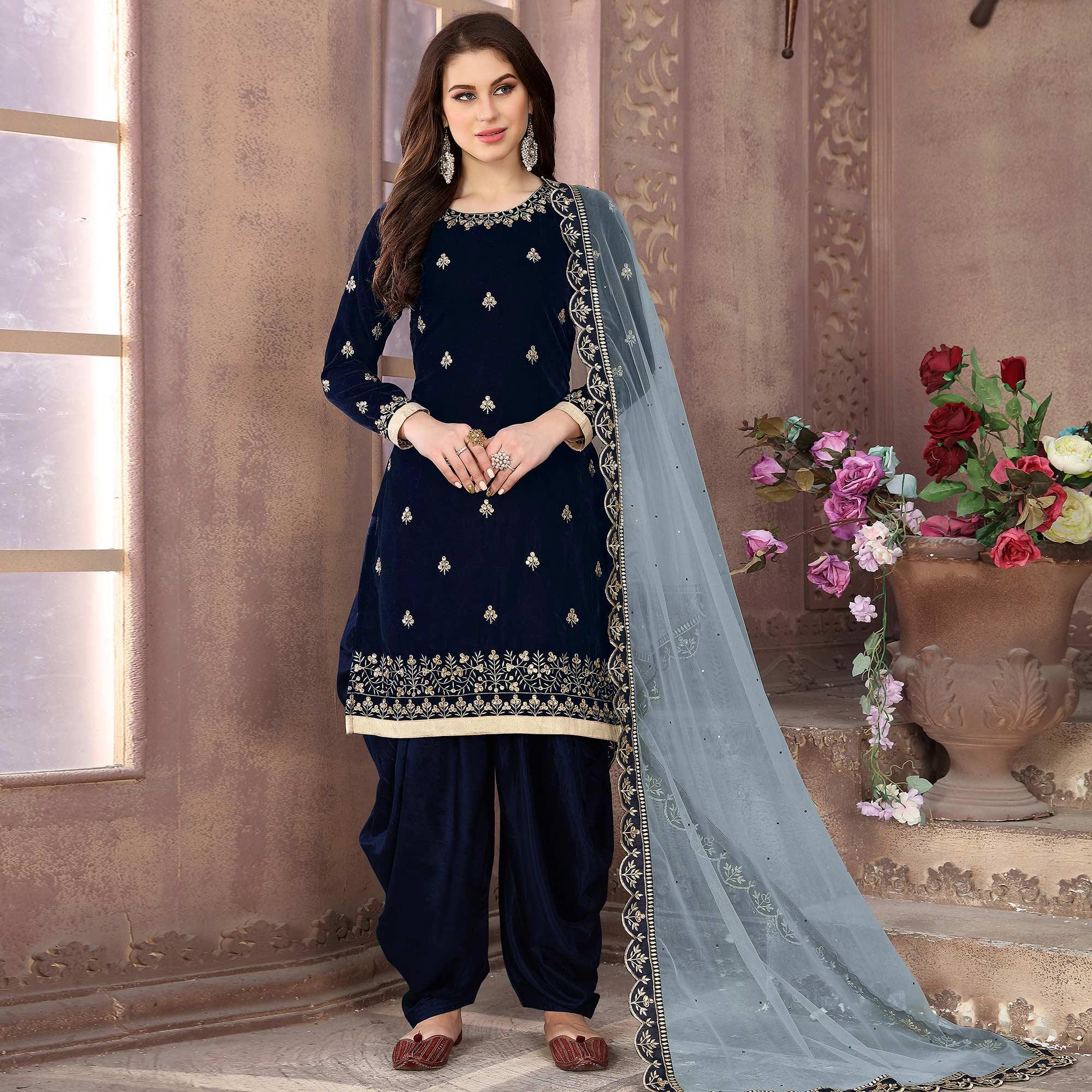 Peachmode Energetic Navy Blue Colored Partywear Embroidered Velvet Patiala Suit