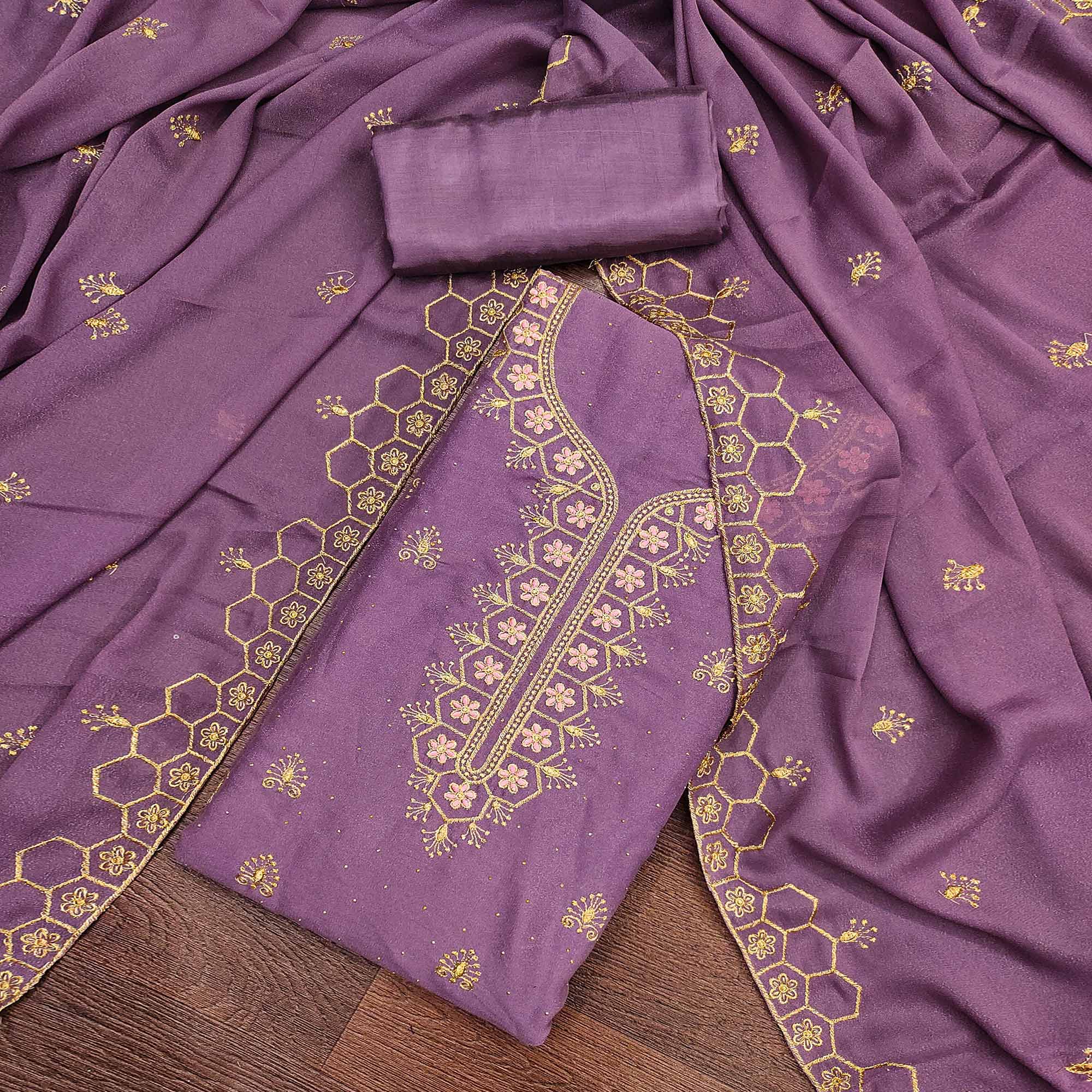 Peachmode Lavender Floral Embroidered Georgette Dress Material