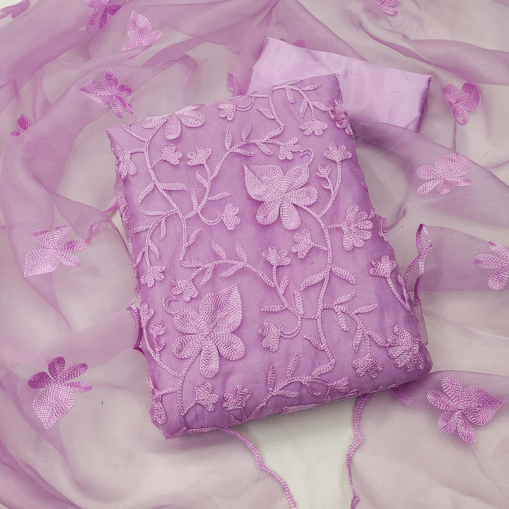 Peachmode Lavender Floral Embroidered Organza Dress Material