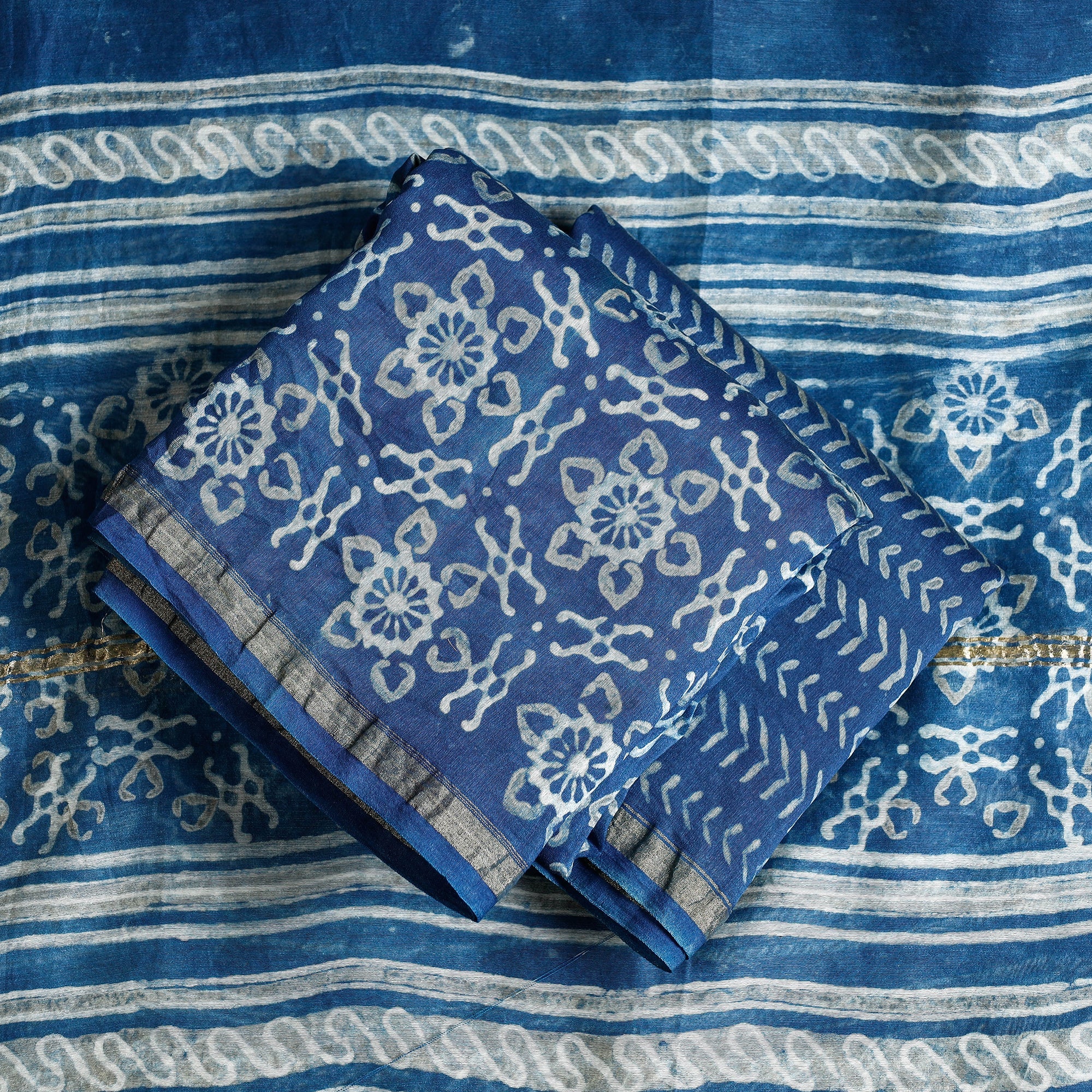 HAVELI CHRONICLES Blue - 3pc Akola Block Printed Chanderi Silk Suit Material Set - view 2