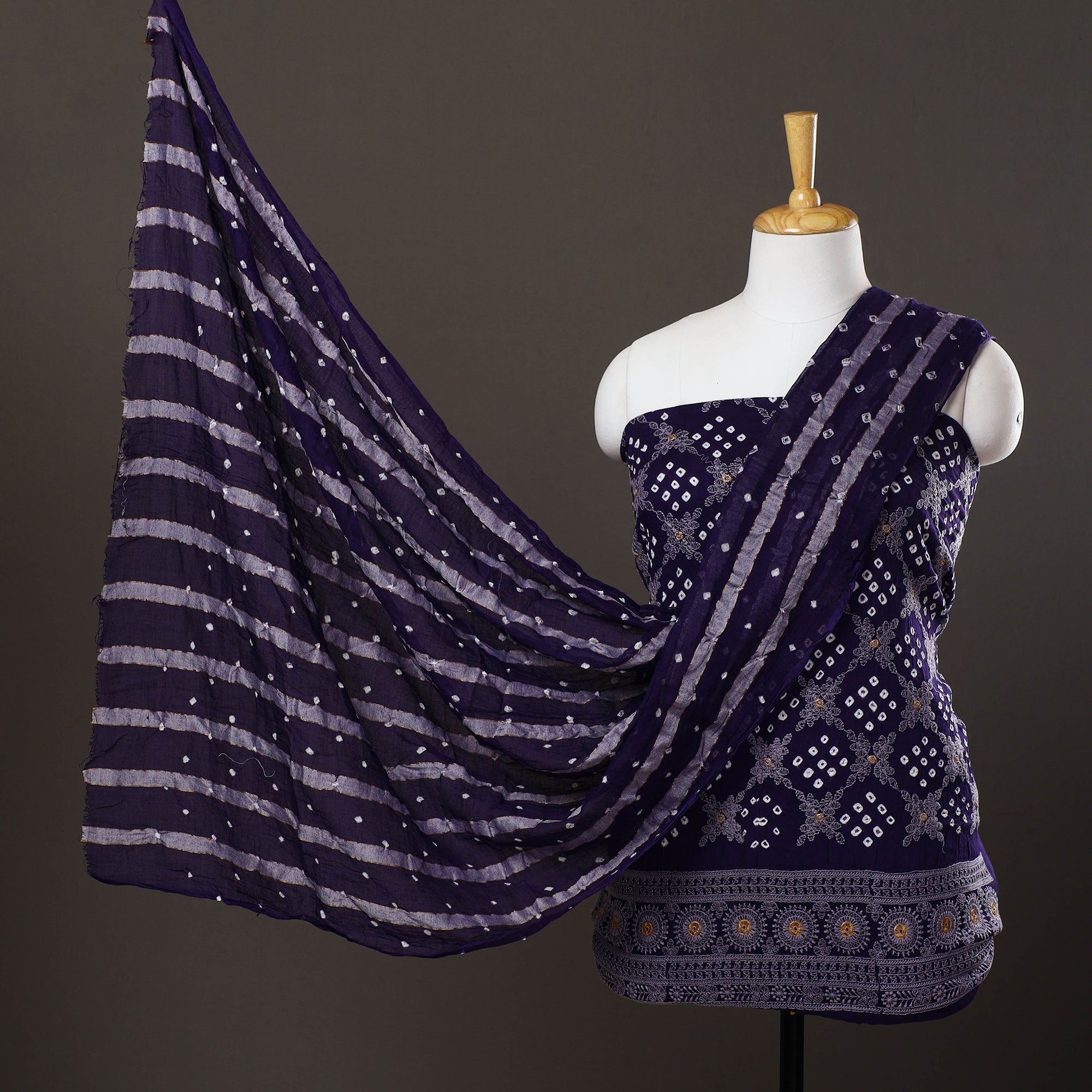 KACHCHH JI CHHAAP Blue - 3pc Satin Cotton Kutch Bandhani Dress Material 08