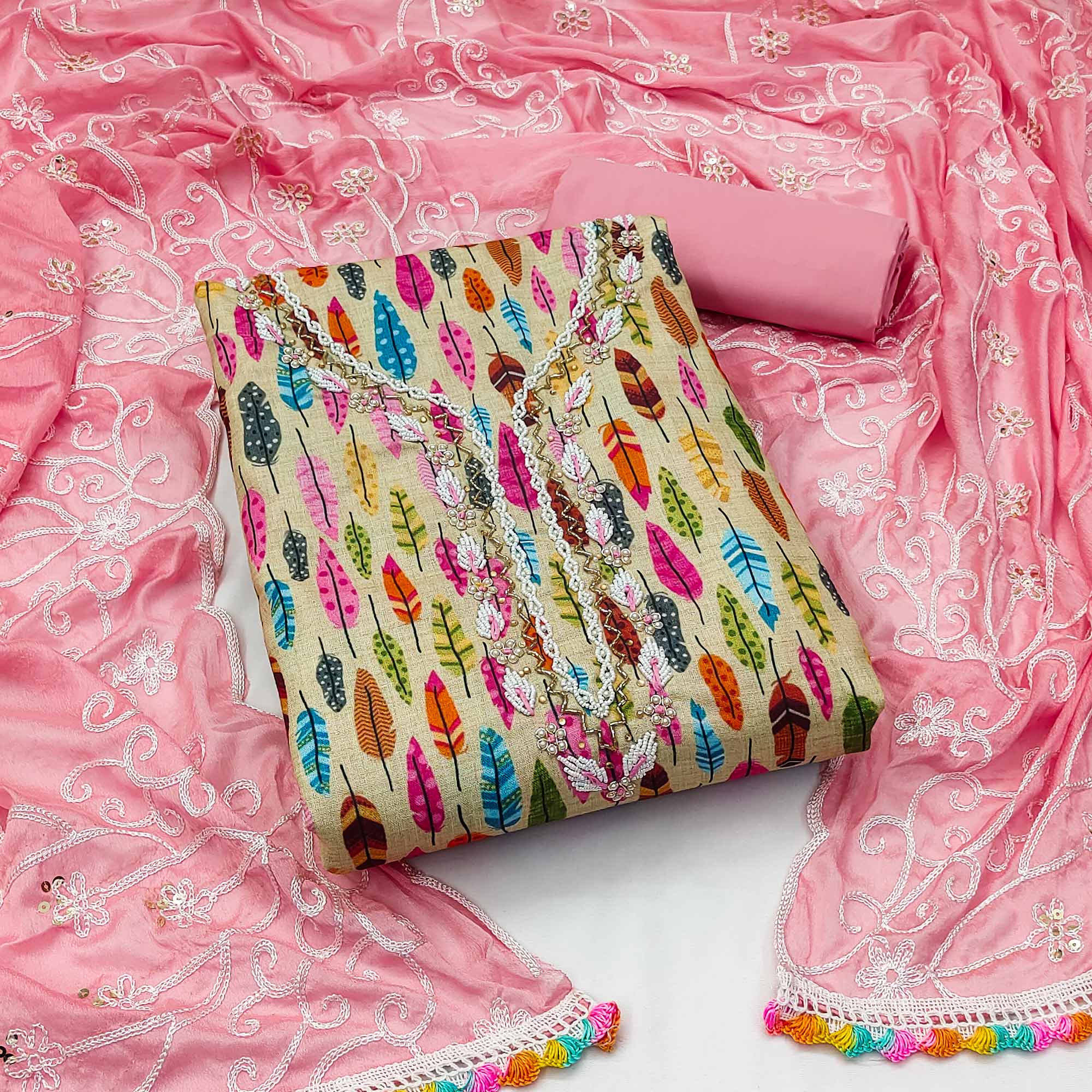 Peachmode Chikoo Printed With Handwork Pure Cotton Dress Material
