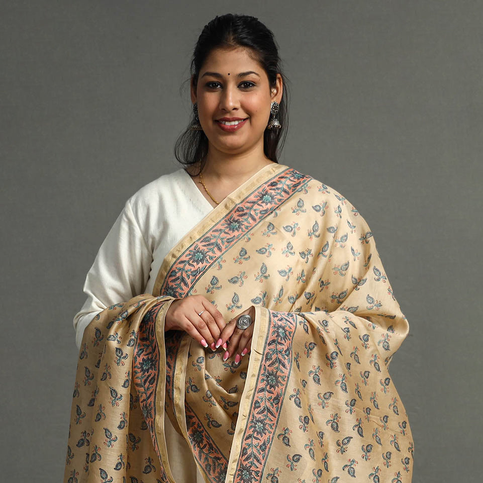 BAGRU DABU PRINTS Beige - Block Printed Chanderi Silk Sanganeri Dupatta 67 - view 3