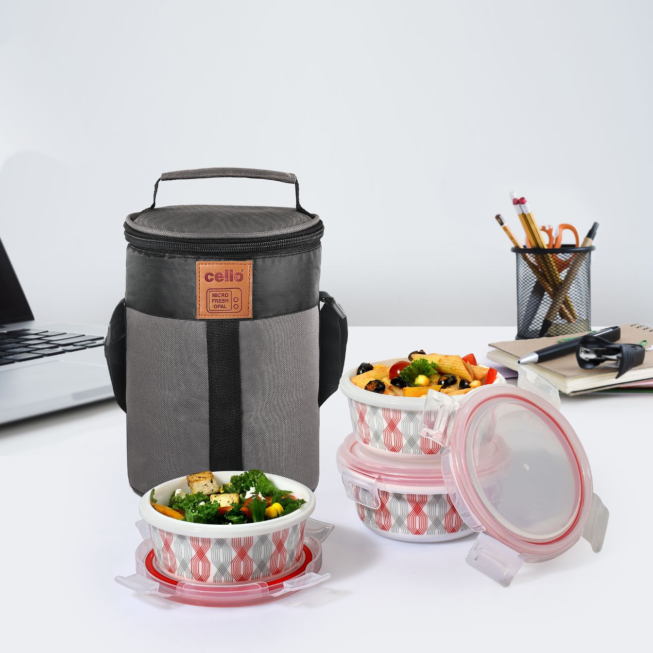 Cello Red Trellis Opalware Lunch Box with Jacket