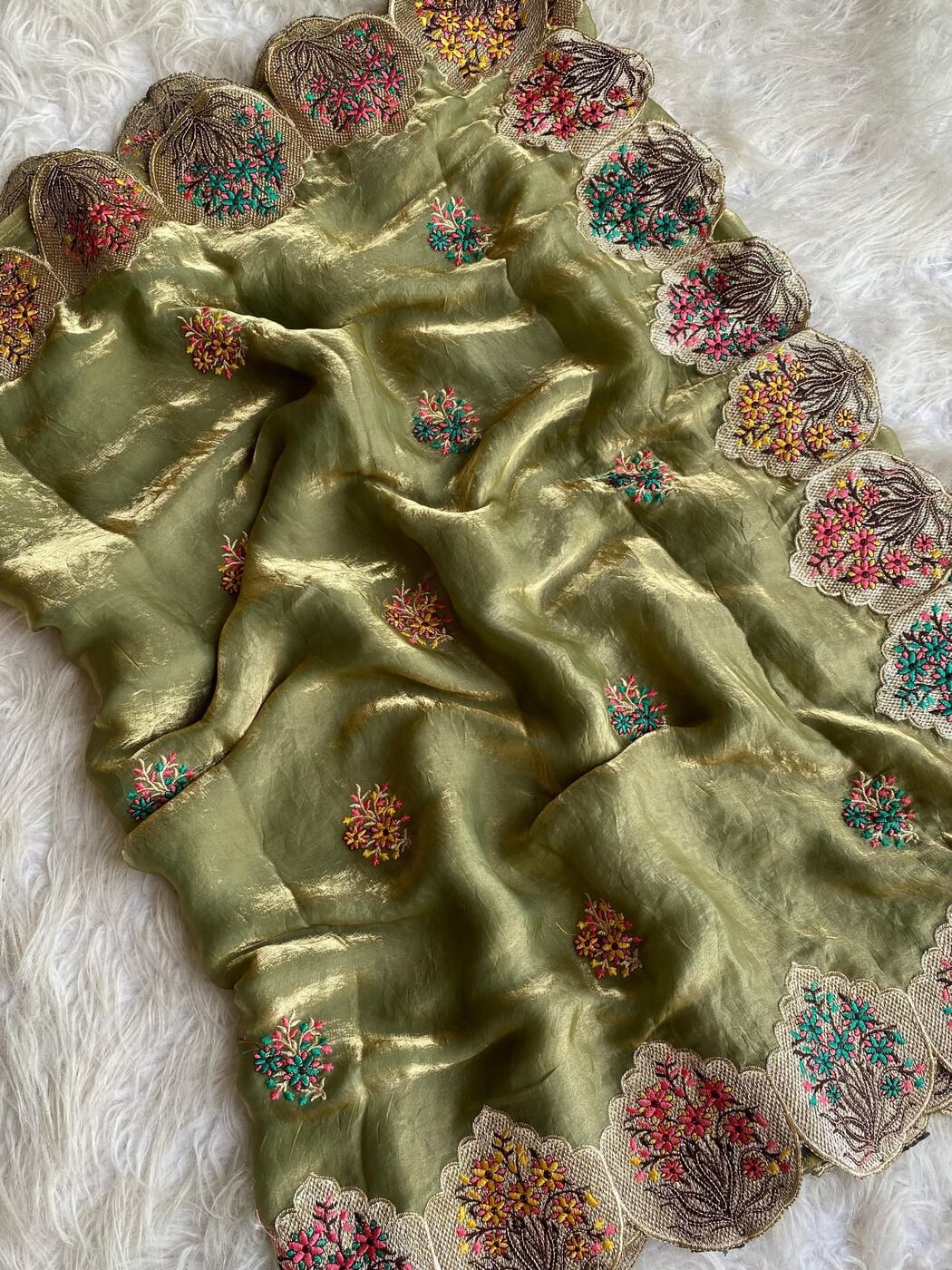 Tasrika Comely Mehndi Embroidery Work Fendy Silk Saree With Effervescent Blouse Piece