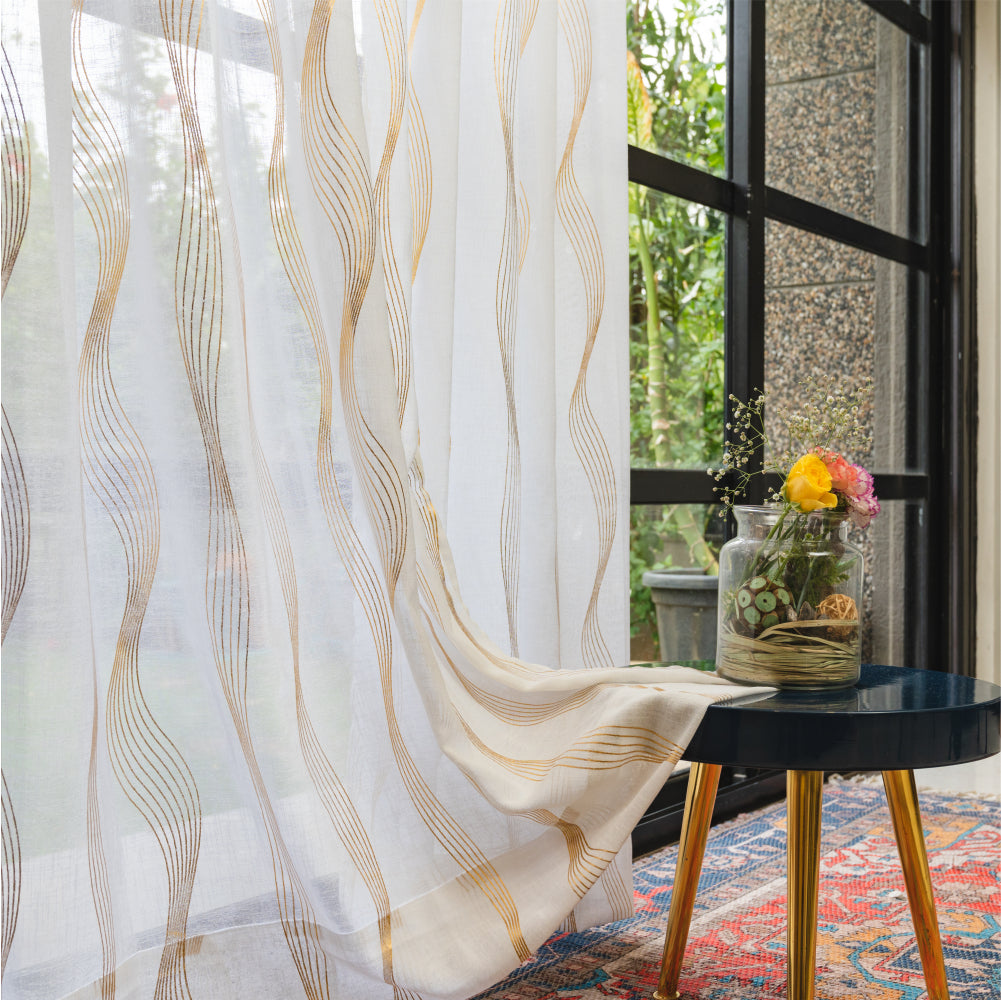 Urban Space -Home Furnishing Store Linen Textured Metallic Gold Foil Sheer Curtains, Pack of 2 Curtains - Double Wave - view 7