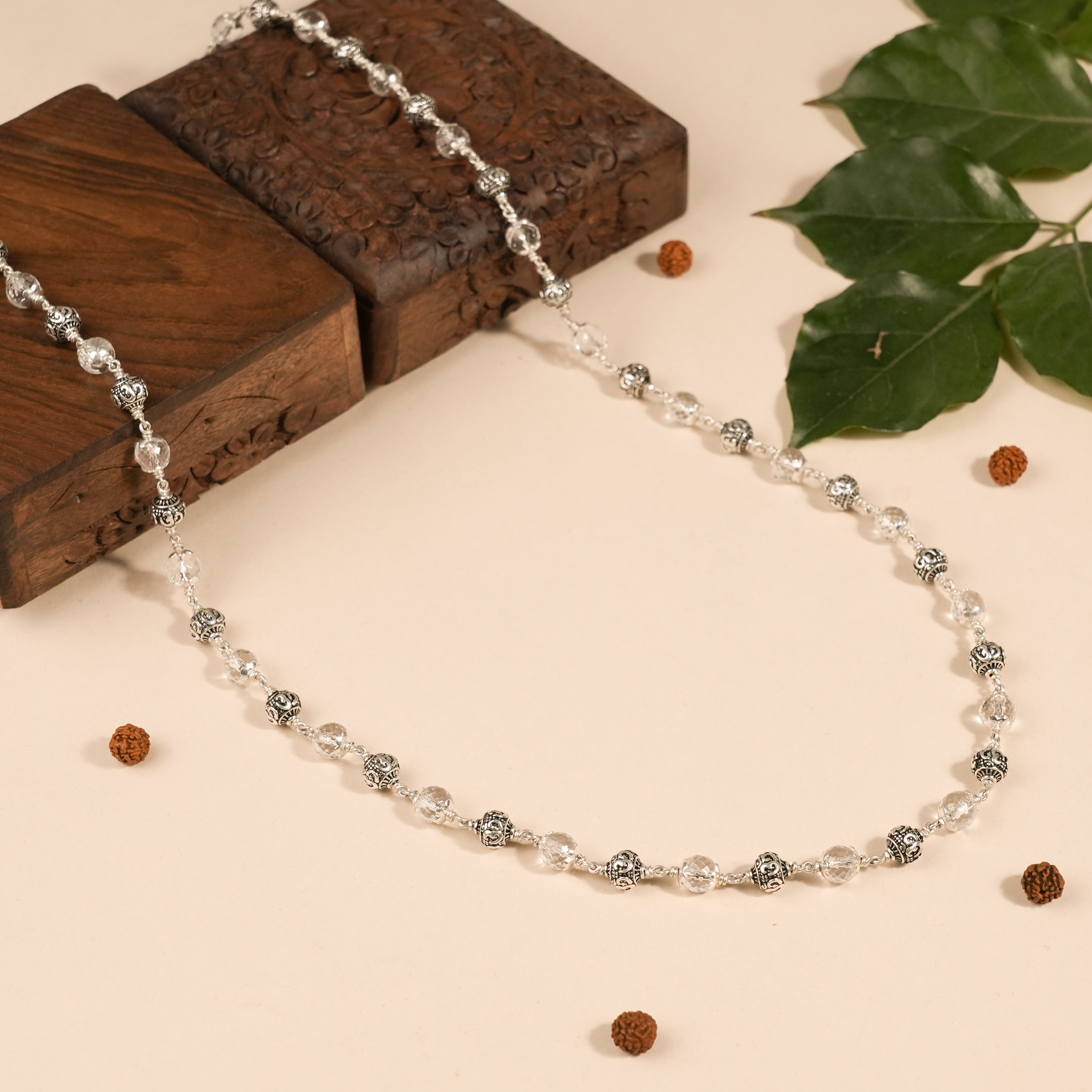 Prinjal Jewellers Sphatik Diamond Cut Beads With Om Silver Beads Mala - view 2