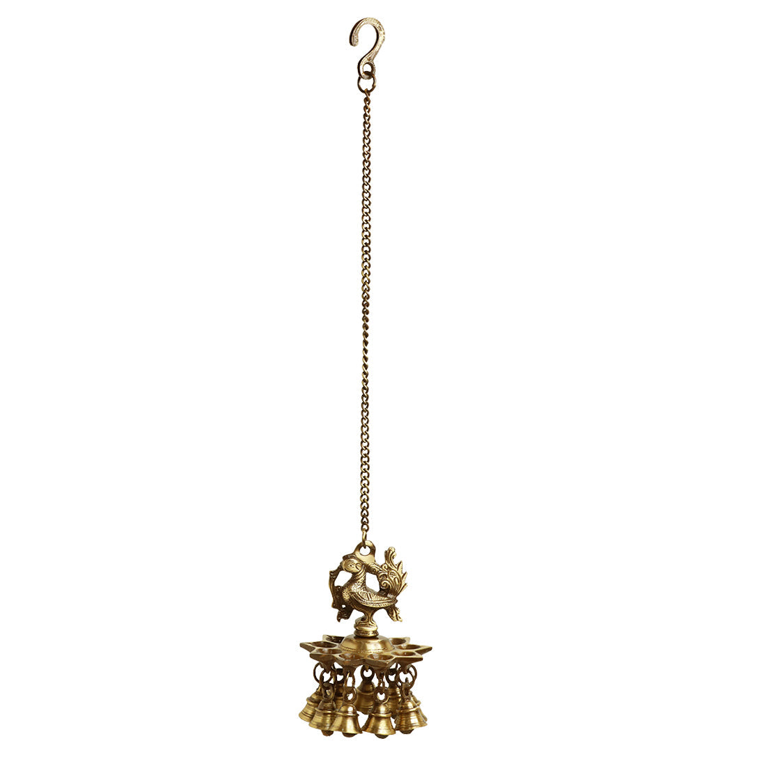 EXCLUSIVELANE 'Paradise Peacock' Hand-Etched Decorative Hanging Diya with Bell In Brass (9 Diyas & Bells) - view 4