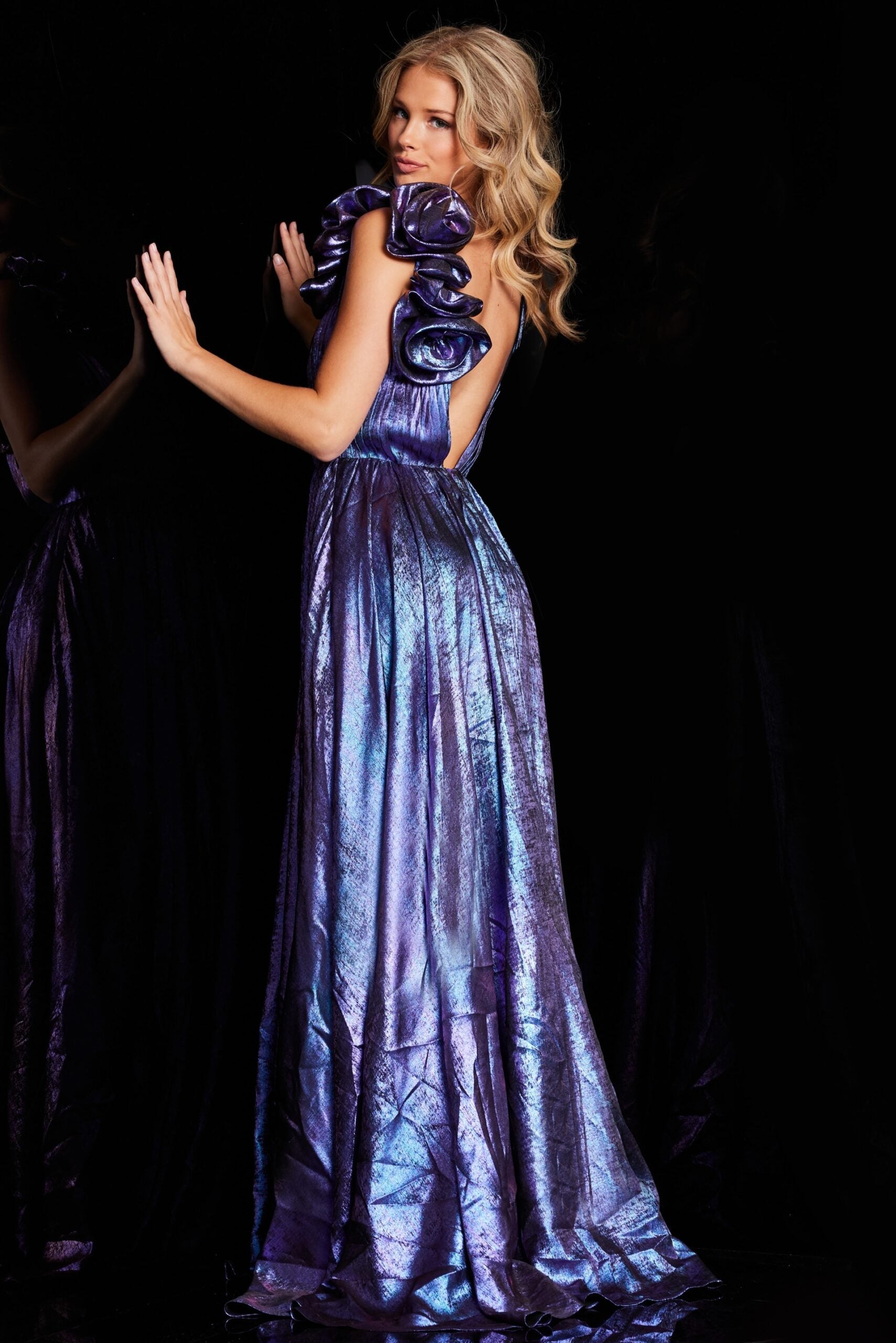 Metallic Ruffle Sleeve A-line Slit Gown by Jovani 37453 - view 4