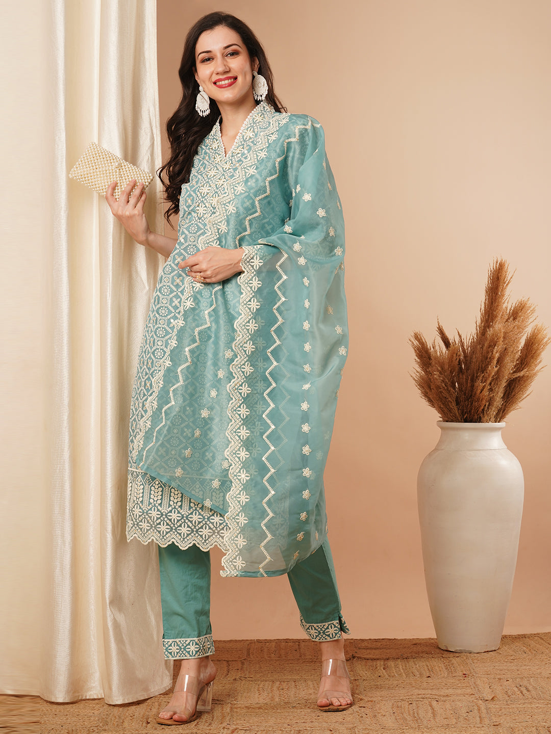 FASHOR Solid Floral Chikankari Embroidered Straight Kurta with Pant & Dupatta - Turquoise Blue